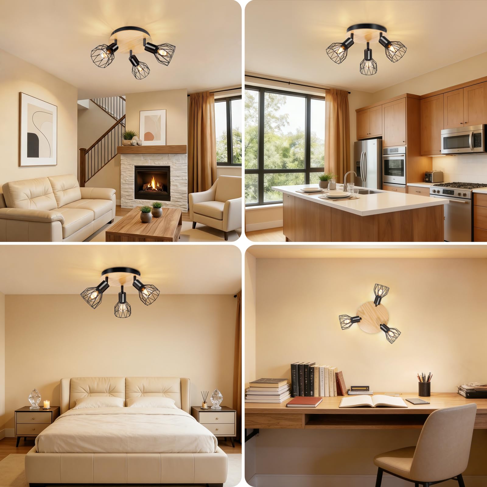 Plafonnier Spot Orientable Luminaire Plafonnier E14 Modèle Bois Spots de Plafond Led Cuisine 3 Spots Noir Plafonnier Industriel pour Cuisine Chambre Salon，Sans Ampoules