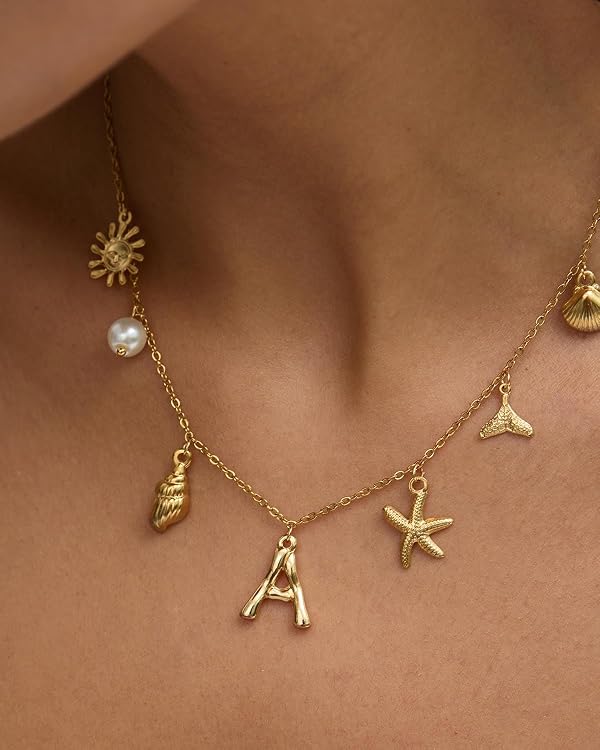 Initial Charm Necklace for Women, 18k Gold Plated Sea Shell Necklace, Dainty A-Z Letter Pendant Beach Charm Necklace, Gold Seashell Starfish Choker Necklace Surfer Boho Summer Jewelry Gifts (L) by NEXIULT - Used condition - Image 3