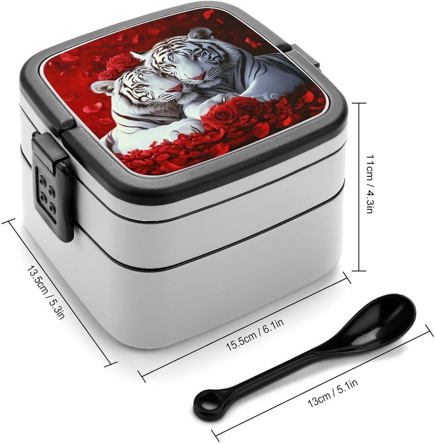 Tiger Red Rose Bento Box with Spoon 2 Layer Food Container Cute Lunch Box for Travel Dining Work