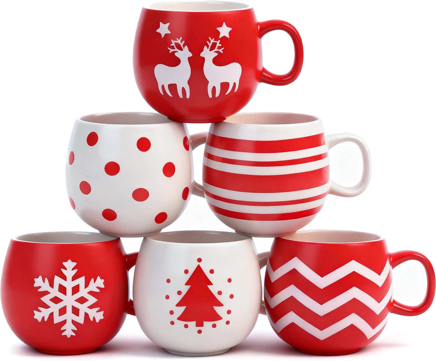 6 Pcs Christmas Mugs Set 11.2 Oz Christmas Ball Shaped Coffee Mug Xmas Tree Elk Snowflake Coffee Cups Holiday Gift Xmas Ceramic Tea Cup for Women Gift Holiday Party Table Centerpieces