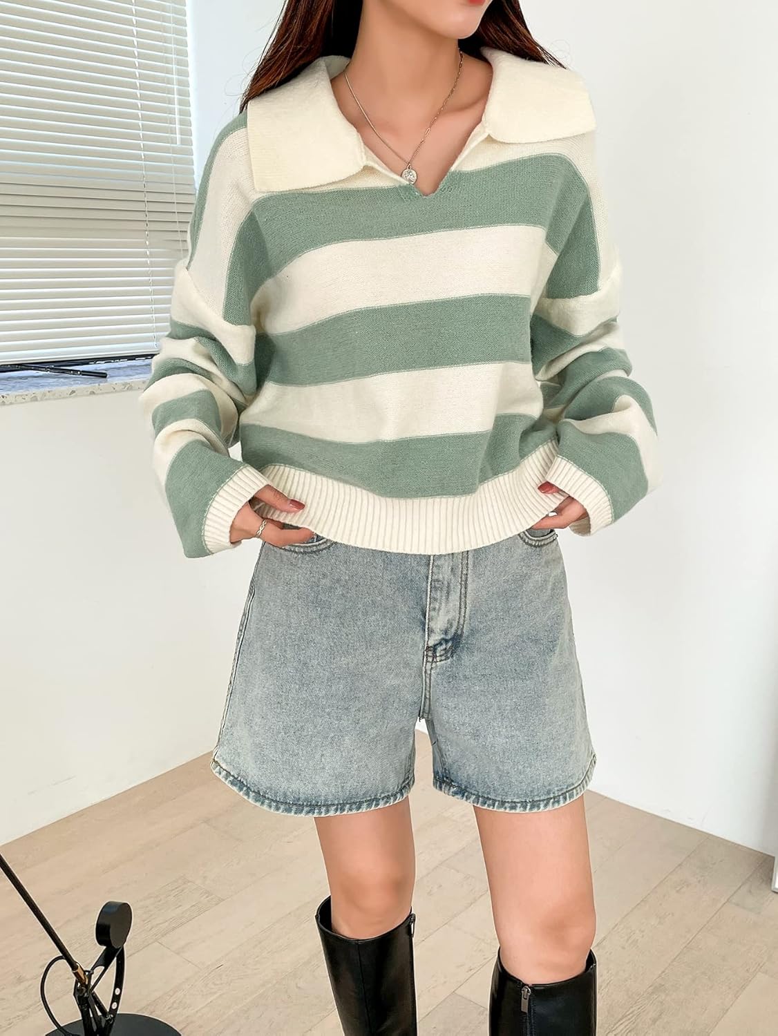 Women's Sweater Striped Pattern Drop Shoulder Sweater Sweater for Women (Size : Medium)