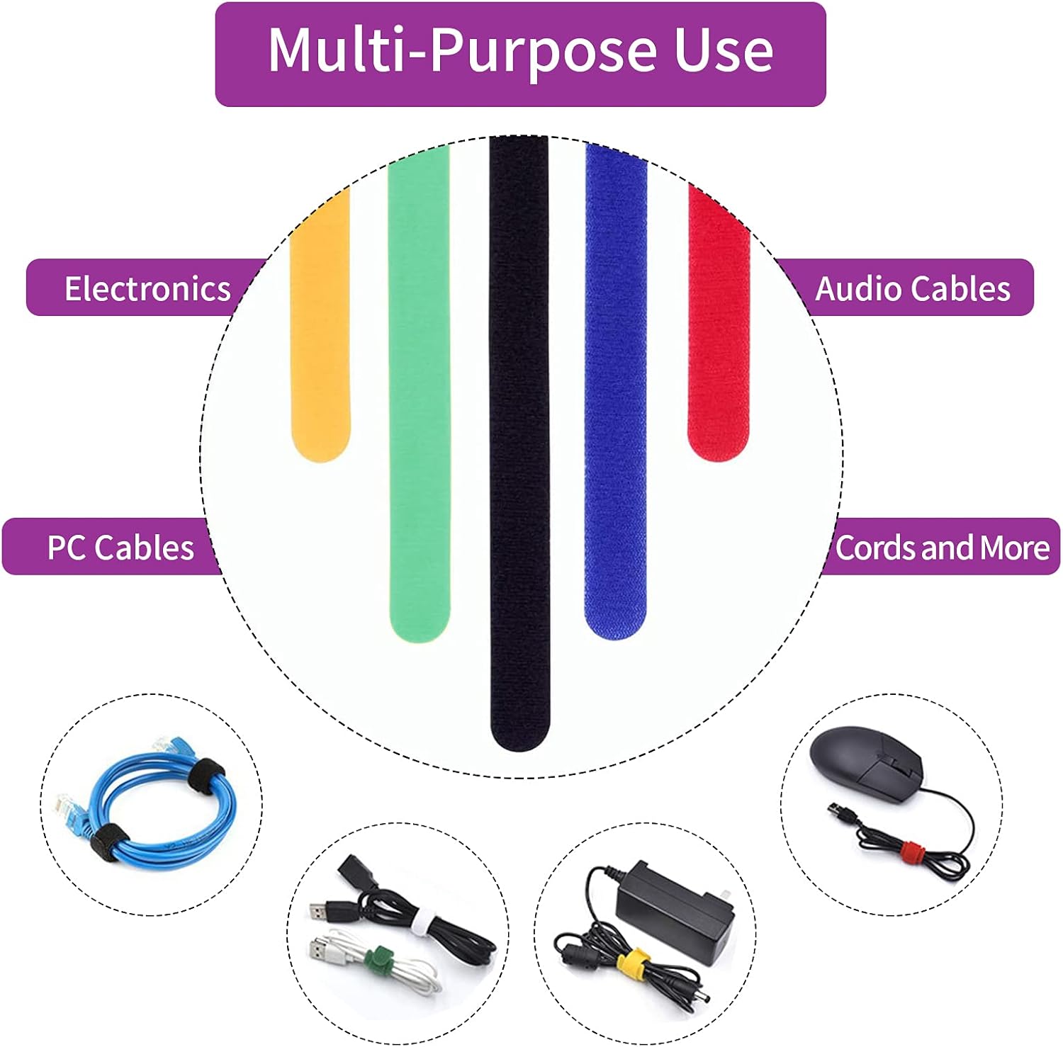 Luscinum 60Pack Reusable Fastening Cable Ties Cord Straps,Multi-Purpose Adjustable Management Organizer Kit with Hook and Loop for Office Home TV Workshop PC Desk