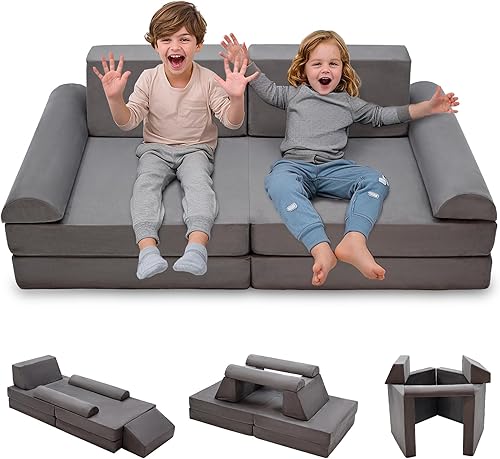 Sofá modular para niños, sofá de juego para sala de juegos, dormitorio de juegos, espuma convertible y cojín de suelo para niños y niñas, gris