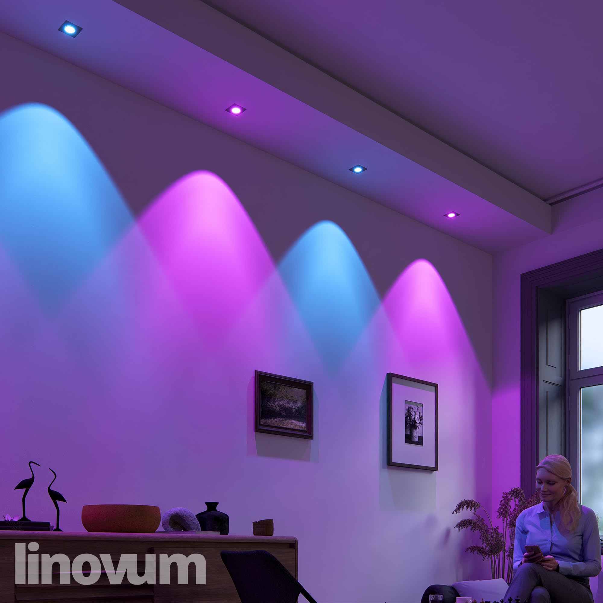 linovum Einbauspot 4er Set silber eckig Smart LED WLAN RGBW App flach 36mm | Vier smarte Einbauspots eckig Alu gebürstet - per App & Alexa steuerbar, RGB & Weißtöne, tauschbar, für Wohnräume