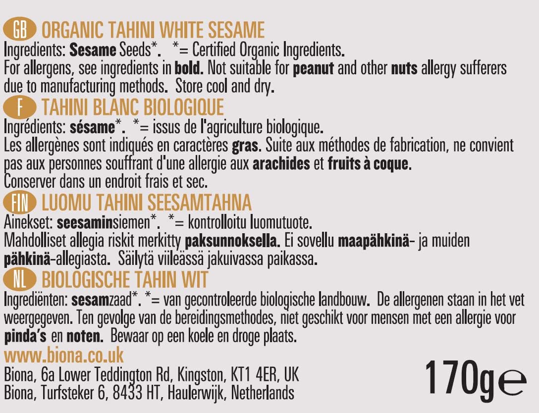 Biona Organic - Tahini White Butter - 170g (Case of 6)