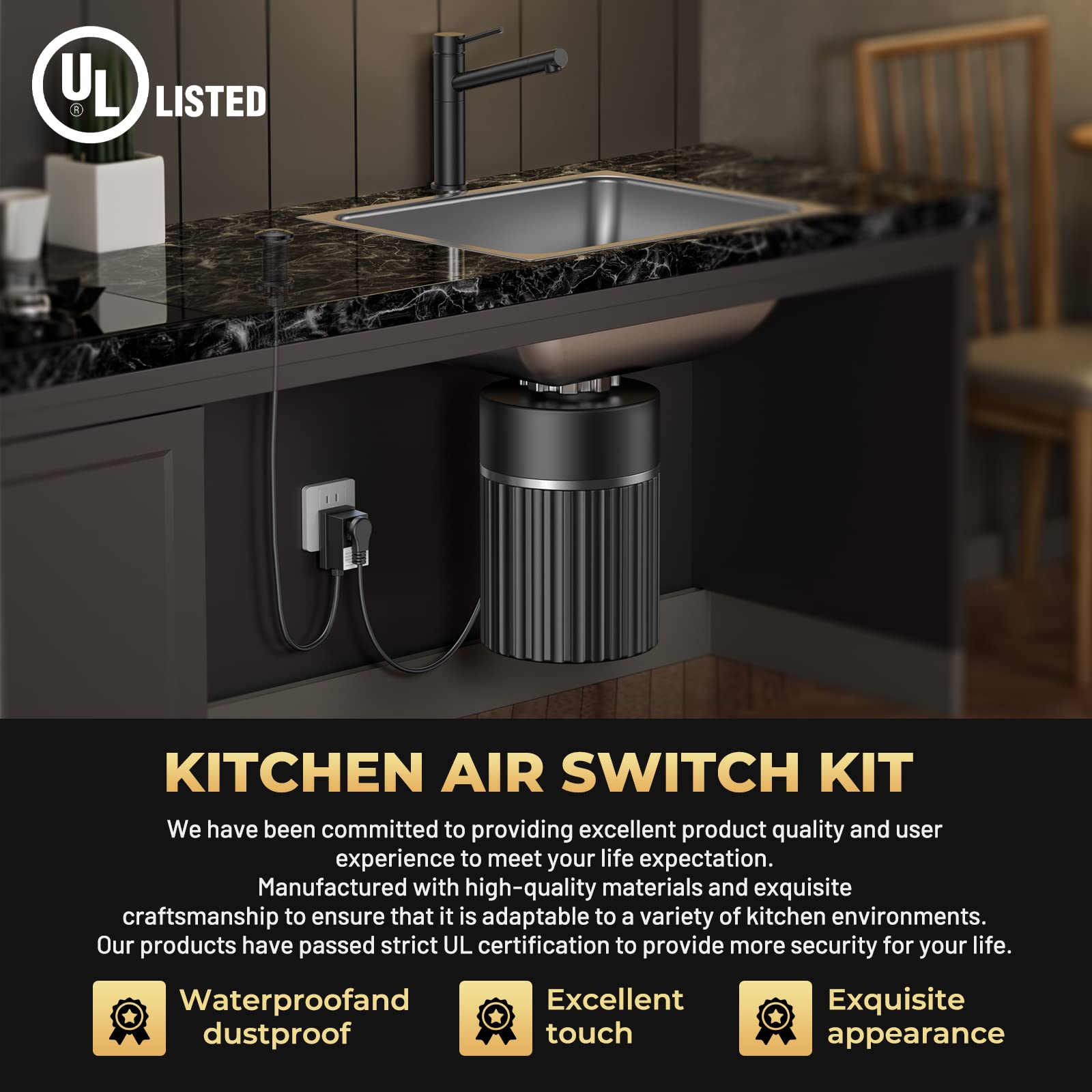 Kit de interruptor de aire para eliminación de basura, profesional, triturador de residuos superior de fregadero encendido/apagado (certificación UL), negro mate