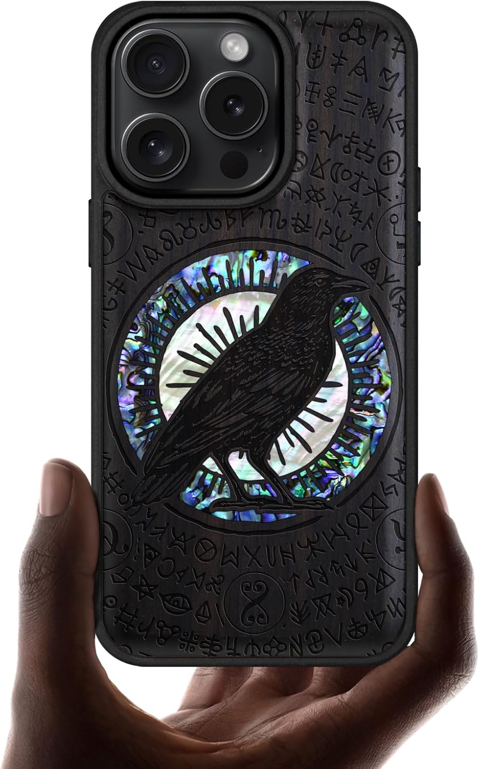 Carveit Magnetic Case for iPhone 16 Pro Case, Wood Artisan Engraved & Handmade Shell Inlaid, TPU Shockproof Cover, Compatible with MagSafe Wireless Chargers (Haloed Crow) Blackwood