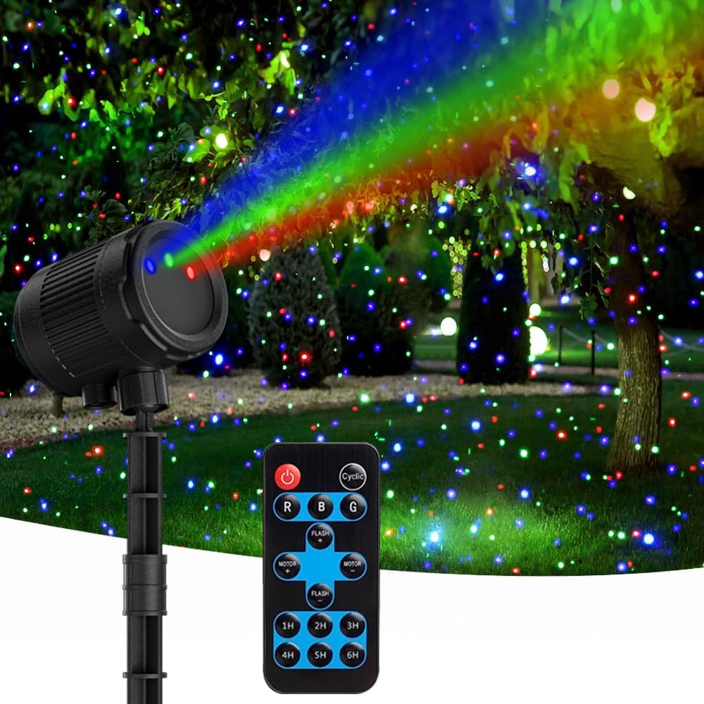 Christmas Laser Projector Lights Outdoor Waterproof Moving RGB 3 Colors Laser Lights with Remote Control Motion Firefly Star Light Show for Holiday House Garden Yard Party Decorations