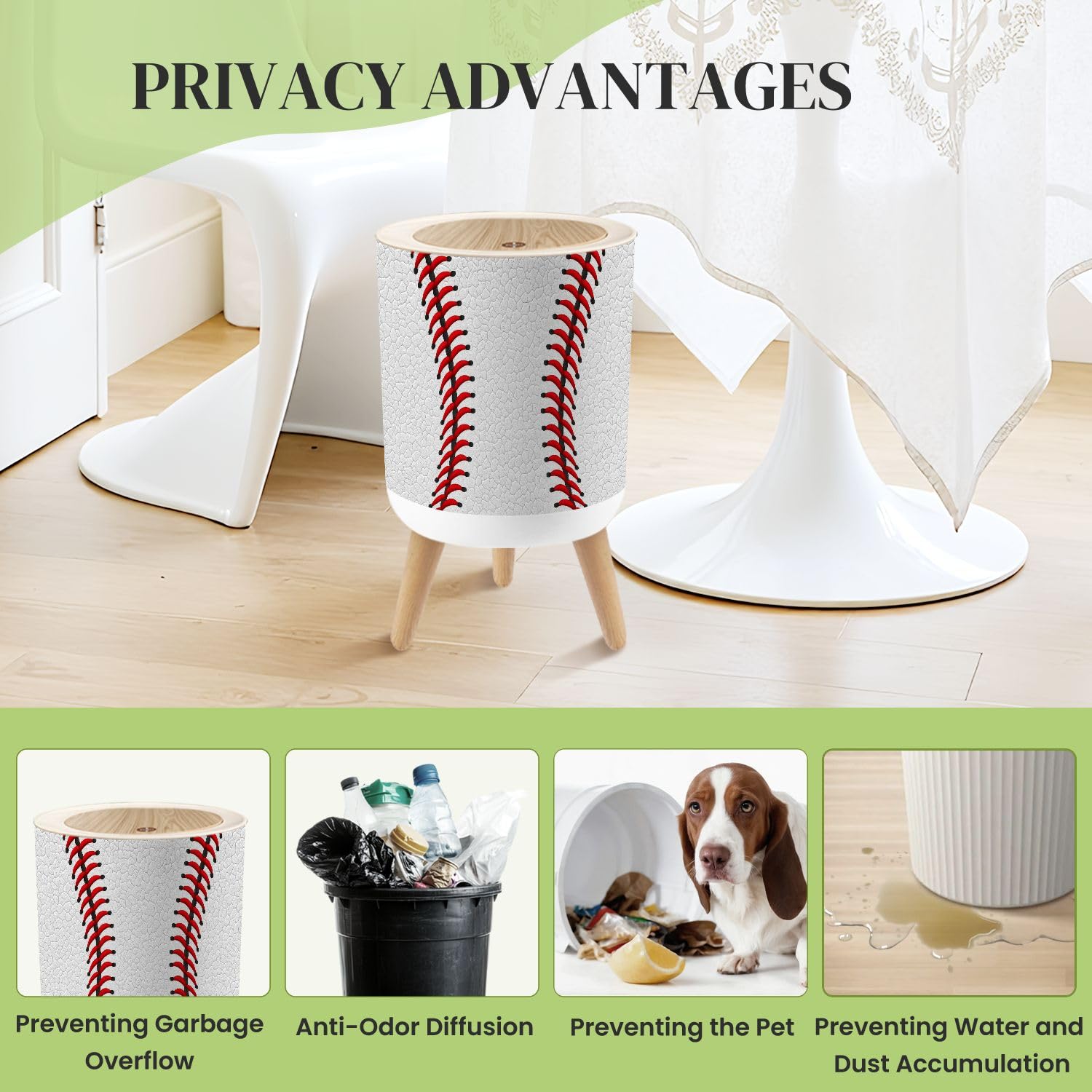 Small Trash Can with Lid Red Stitching White Leather Baseball Seamless Texture Round Press Top Garbage Can with Legs Trash Bin Waste Basket for Kitchen Bedroom Bathroom 7L/1.8 Gallon