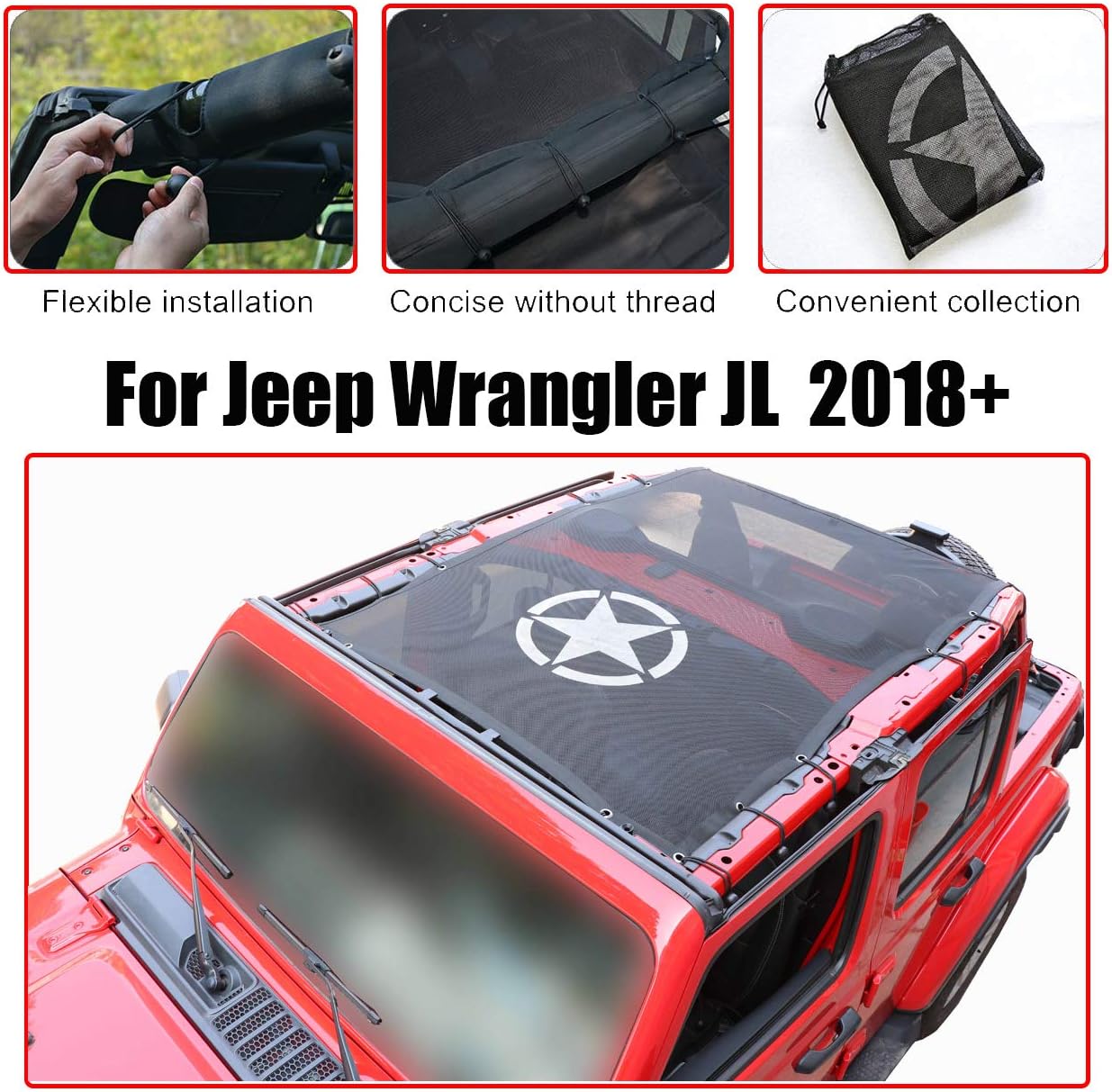 AirainMFC Sunshade Cover for Jeep Wrangler JL 4-door 2018 Up Front Top Roof Anti UV Sun Protection Mesh Net (US Army Rought Star)
