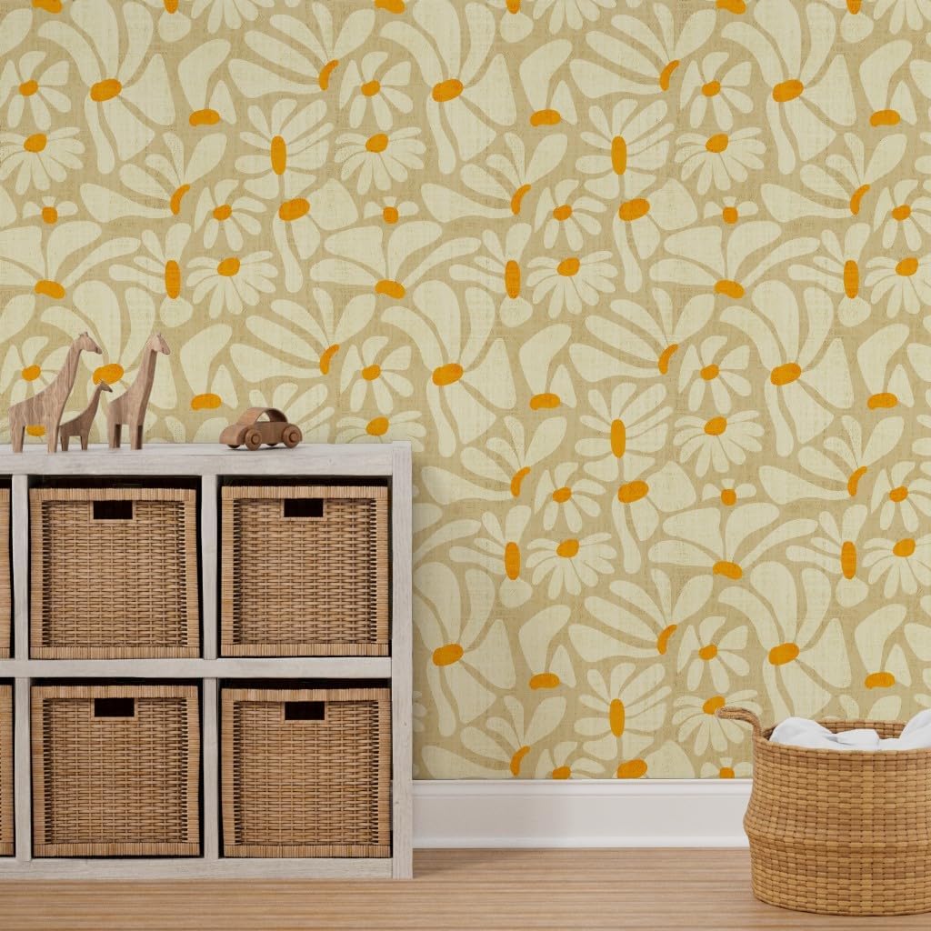 Peel & Stick Wallpaper 3ft x 2ft - Retro Whimsical 70S Large Scale Beige Orange Tan Botanical Neutrals Custom Removable Wallpaper by Spoonflower