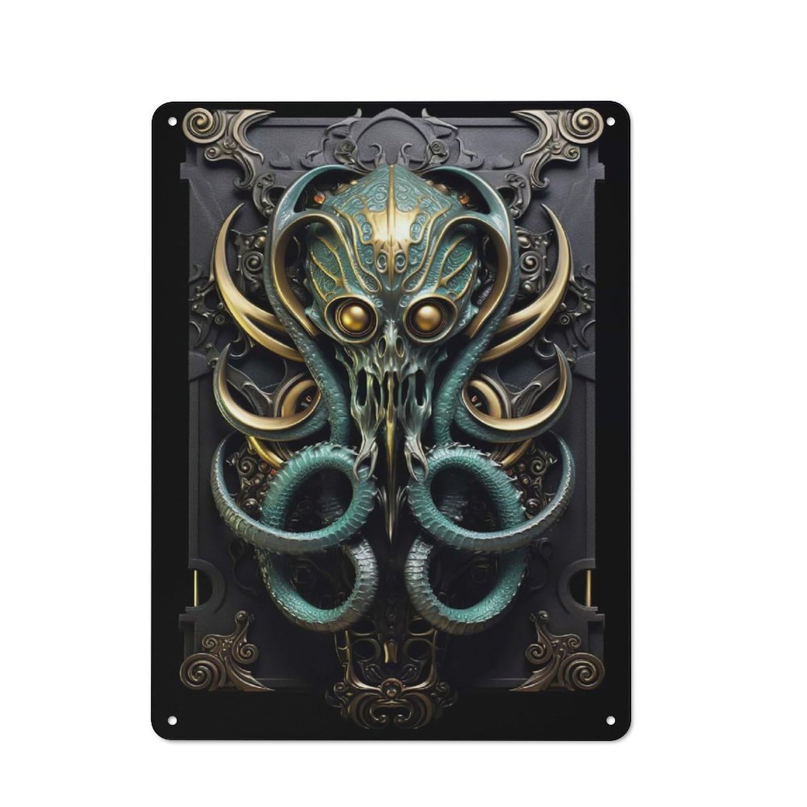Junmoney Style-8 Golden Tentacled Kraken Retro-Style Tin Wall Plaque 40X30cm For Café Or Home Bar, For Themed Interiors In Cafés And Home Bars