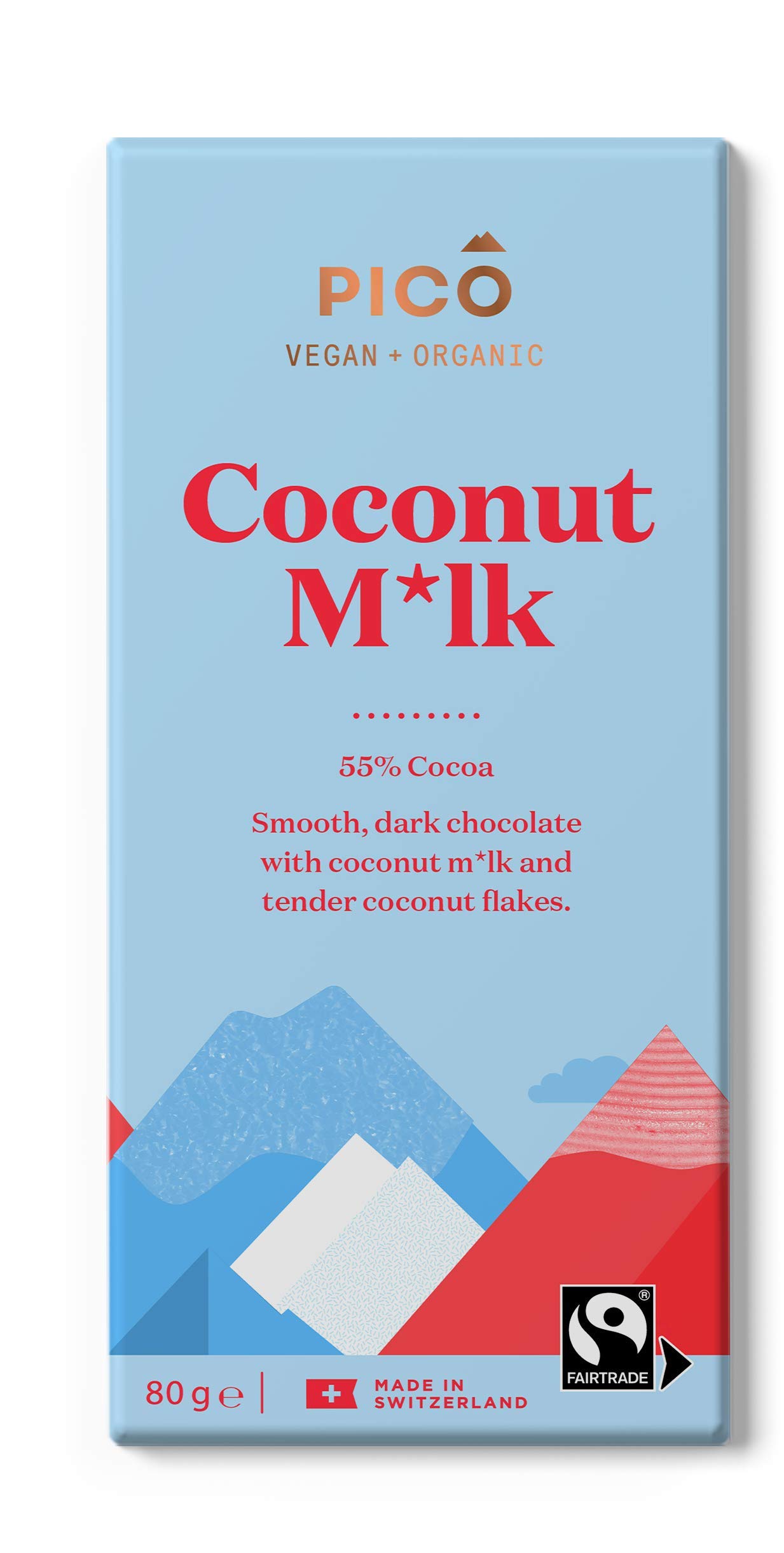 Pico Chocolate - Coconut Milk Chocolate Vegan Bars - 55% Cocoa with Tender Coconut Flakes, Creamy & Organic Swiss Dark Chocolate - 1 x 80g