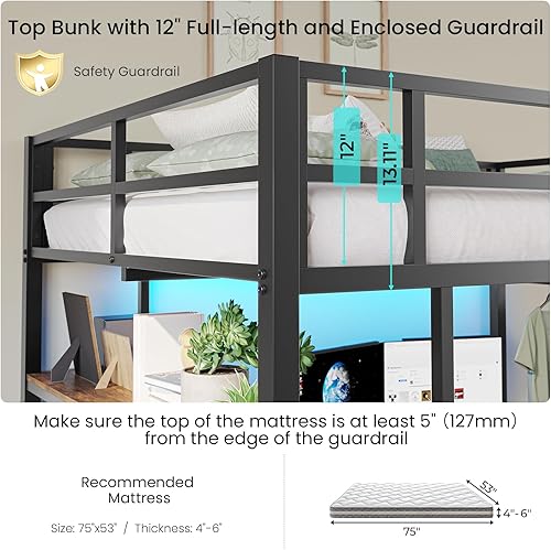 Miniatura 6 de DICTAC Cama tipo loft de tamaño full con escritorio en forma de L y estación de carga, cama alta de metal tamaño full con luces LED, estantes de