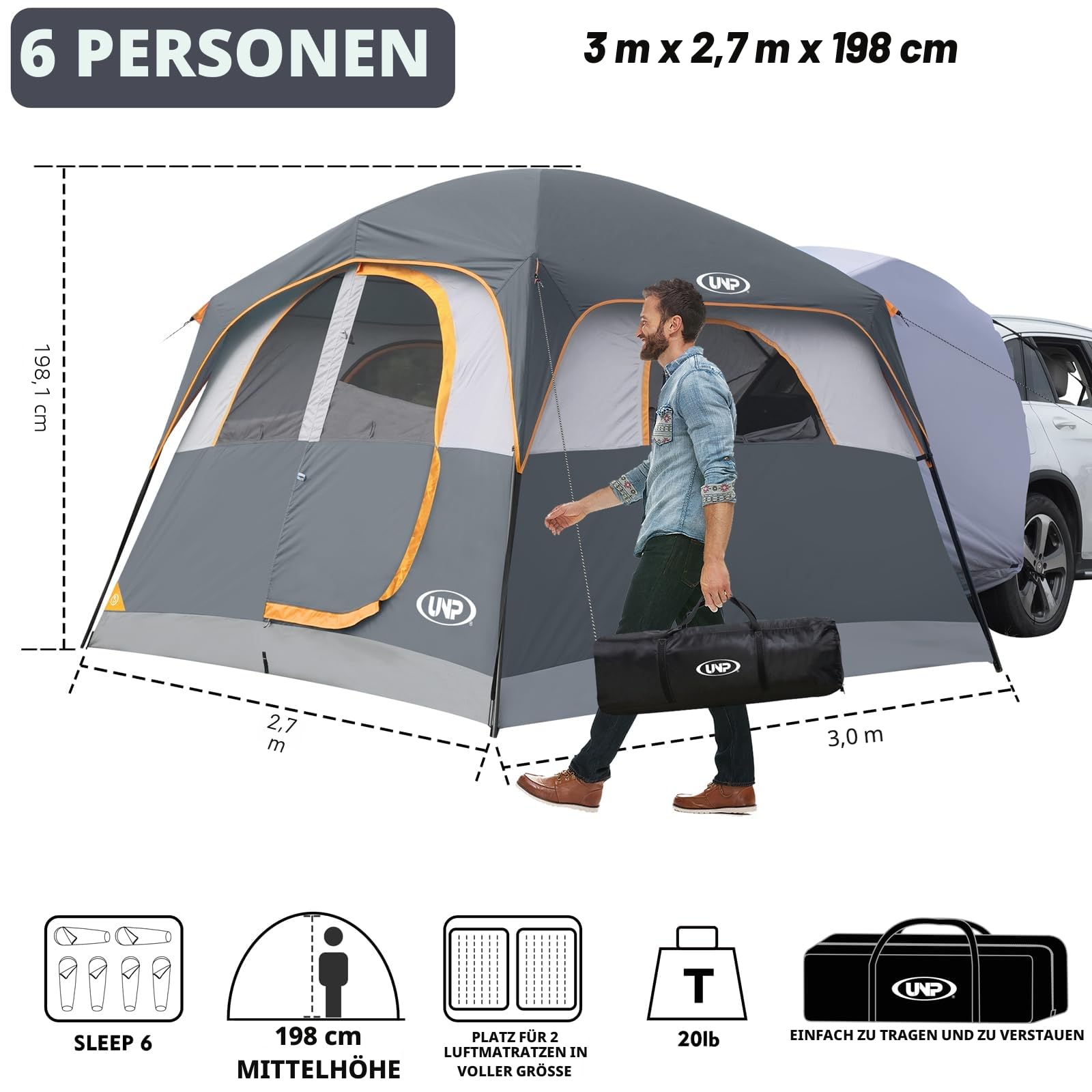 UNP Heckzelt Auto, SUV Zelt für Camping 6 Personen - 2 in 1 Autozelt Einfacher Aufbau mit Regenschutz, Familienzelt 3 m x 2,7 m x 2 m (H)