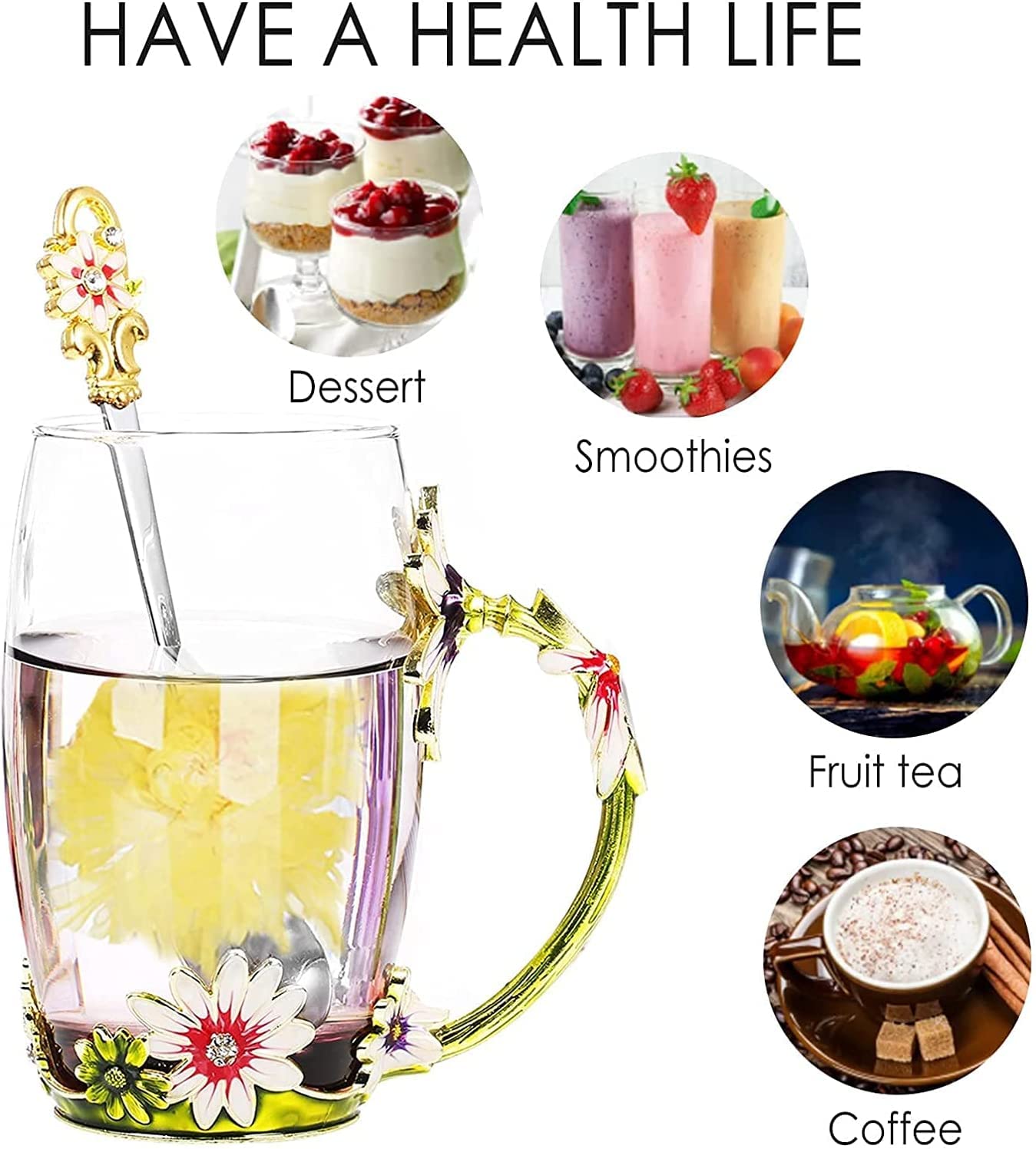 Kaffeetassen aus Glas mit Blumenmotiv, Emaille-Glasbecher, Emaille-Blumen-Teeglas, Kaffeetasse, Glasbecher, kreative Emaille-Kristall-Teetasse, Kaffeetasse, Schmetterling, Rose, bemalte Blume, Wasser