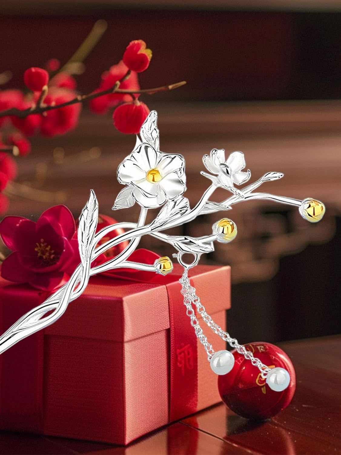 HangErFeng 925 Silver Plum Floral Shape Hairpin Women Hair Accessory Elegant Hairclip 805