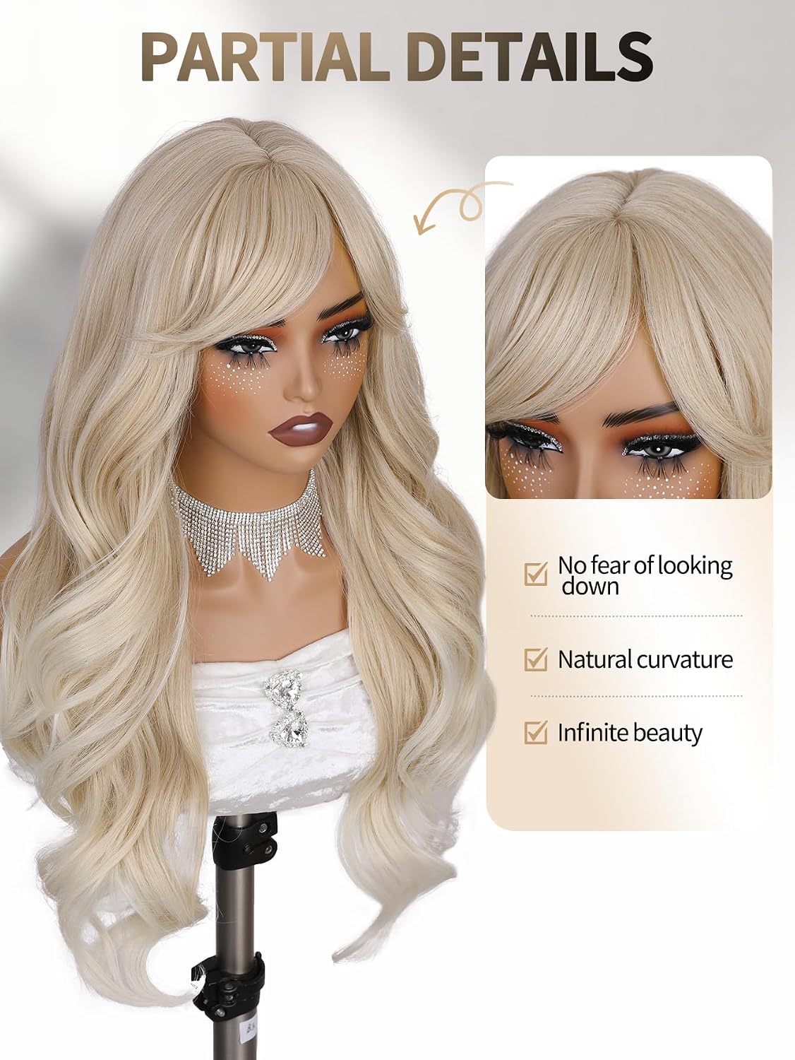 WIGER Long Layered Curly Wig With Bangs, Blonde Wavy Hair With Beige Ends, Synthetic Blonde Wigs Alice Wig for Women Cosplay or Daily Music Festival/Carnival/Valentine's Day Wigs