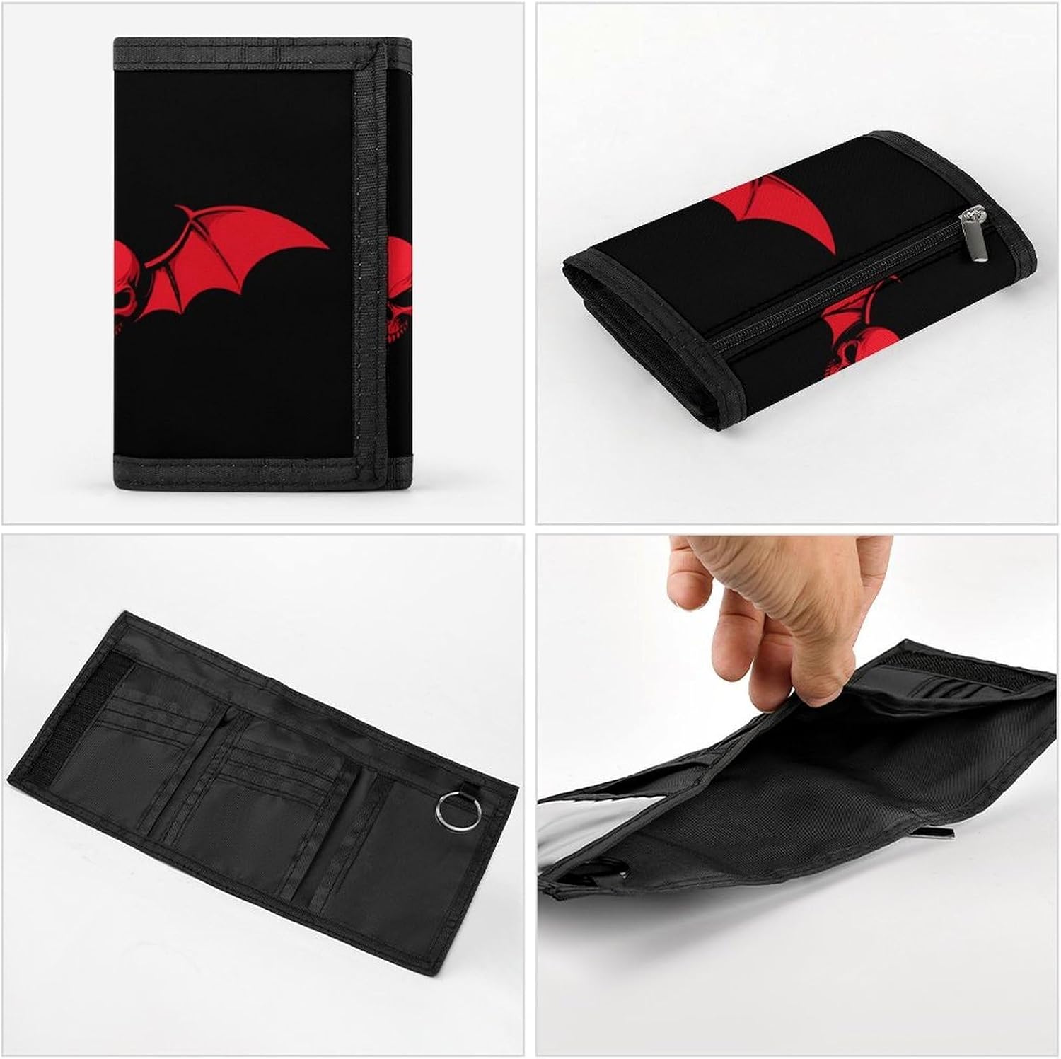 Skull with Bat Wing Trifold Slim Wallet Front Pocket With Money Clip And ID Credit Card Slots For Travel Work