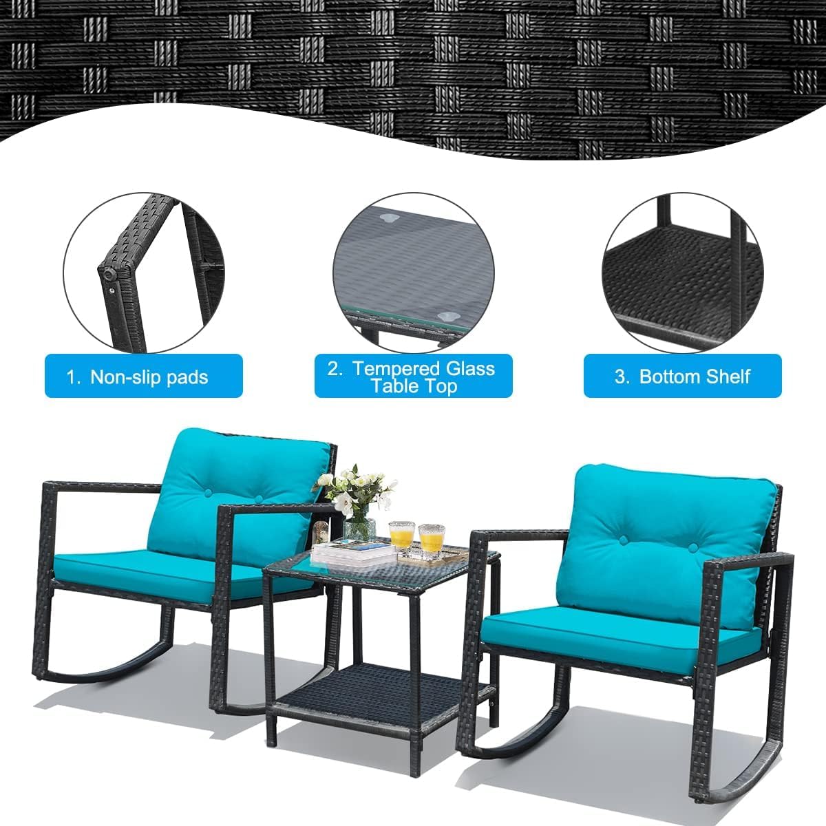 DORTALA 3 Pieces Patio Furniture Set, Rattan Rocking Chair and Glass Coffee Table with Cushions, Outdoor Wicker Conversation Bistro Set of 3 for Backyard Poolside, Turquoise