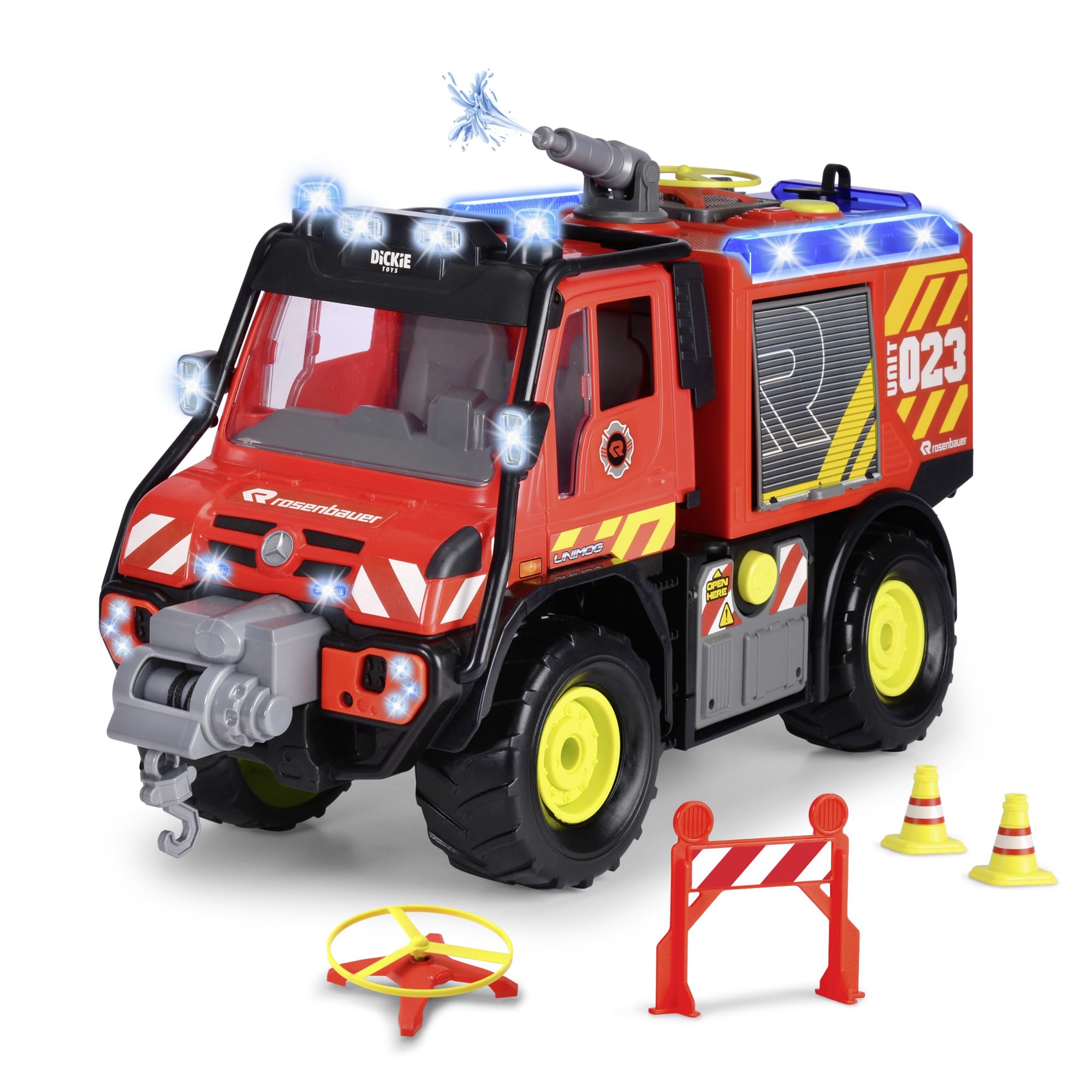 Dickie Toys Unimog U530 Fire Rescue – 50 cm großes Feuerwehrauto mit Wasserspritze, Seilwinde und Drohnen