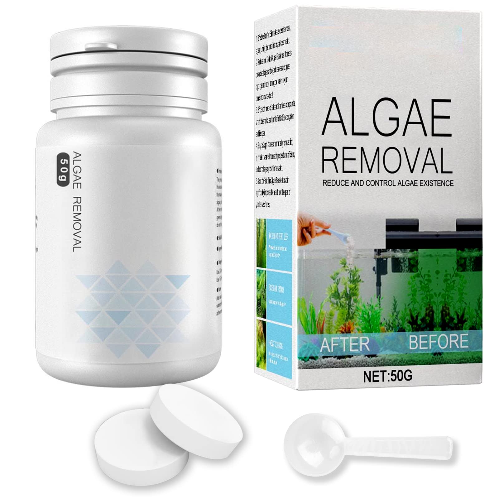 Fish Tank Cleaner, Aquatic Algae Remover Aquarium Algaecide Tank Moss Algae Removal Tablets 50g Bottle Comes with a Spoon, Clears Green Water Turn Tap Water into Safe and Healthy for Fish and Plants