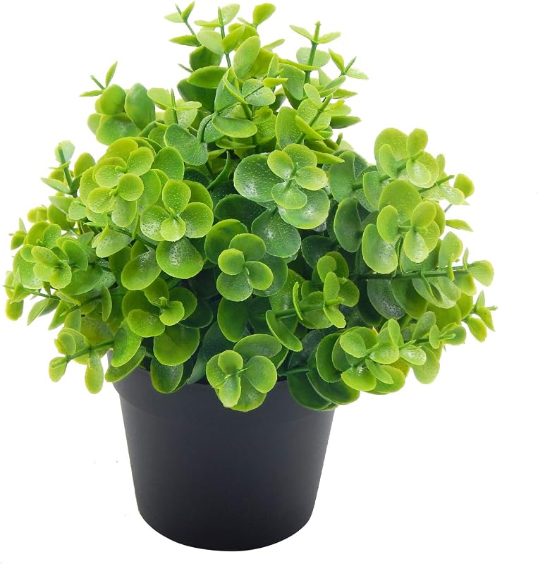 OFFIDIX Artificial Mini Plastic Eucalyptus Potted Plants for Home Office Decoration, Faux Plastic With Black Pots, Fake for Bathroom Decor