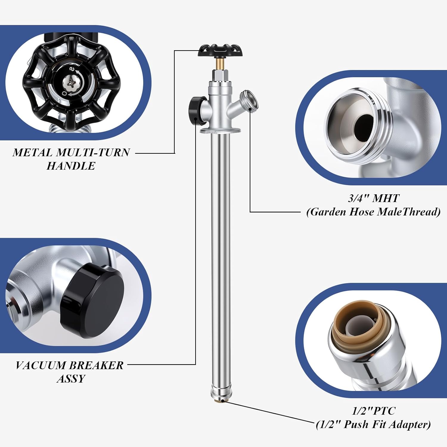 10inch Frost Free Outdoor Faucet, Freeze Proof Outdoor Faucet 1/2" Push-to-Fit Connector x 3/4" Hose Bibb Spigot, No Lead Brass Sillcock with Anti-Siphon Backflow Preventer