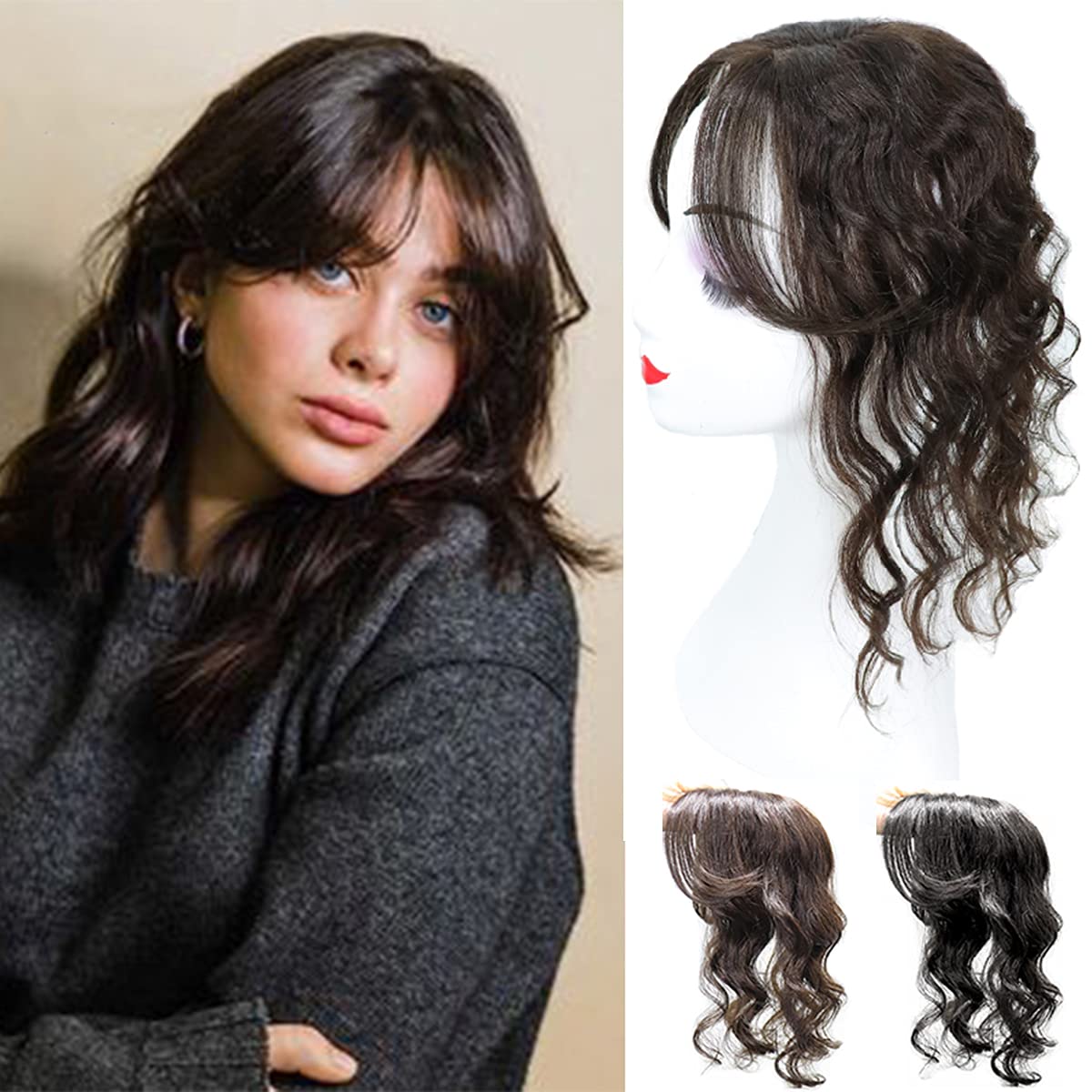 Curly Women Toupee Human Hair Topper with Side Bangs/Fringe Add Hair Volume,5×5″ Silk Base Top Hairpieces Clip in Wavy Hair Pieces Topper Wiglets for Women with Thinning Hair Middle Part 10″ Dark Brown Curly Women Toupee Human Hair Topper with Side Bangs/Fringe Add Hair Volume,5×5″ Silk Base Top Hairpieces Clip in Wavy Hair Pieces Topper Wiglets for Women with Thinning Hair Middle Part 10″ Dark Brown