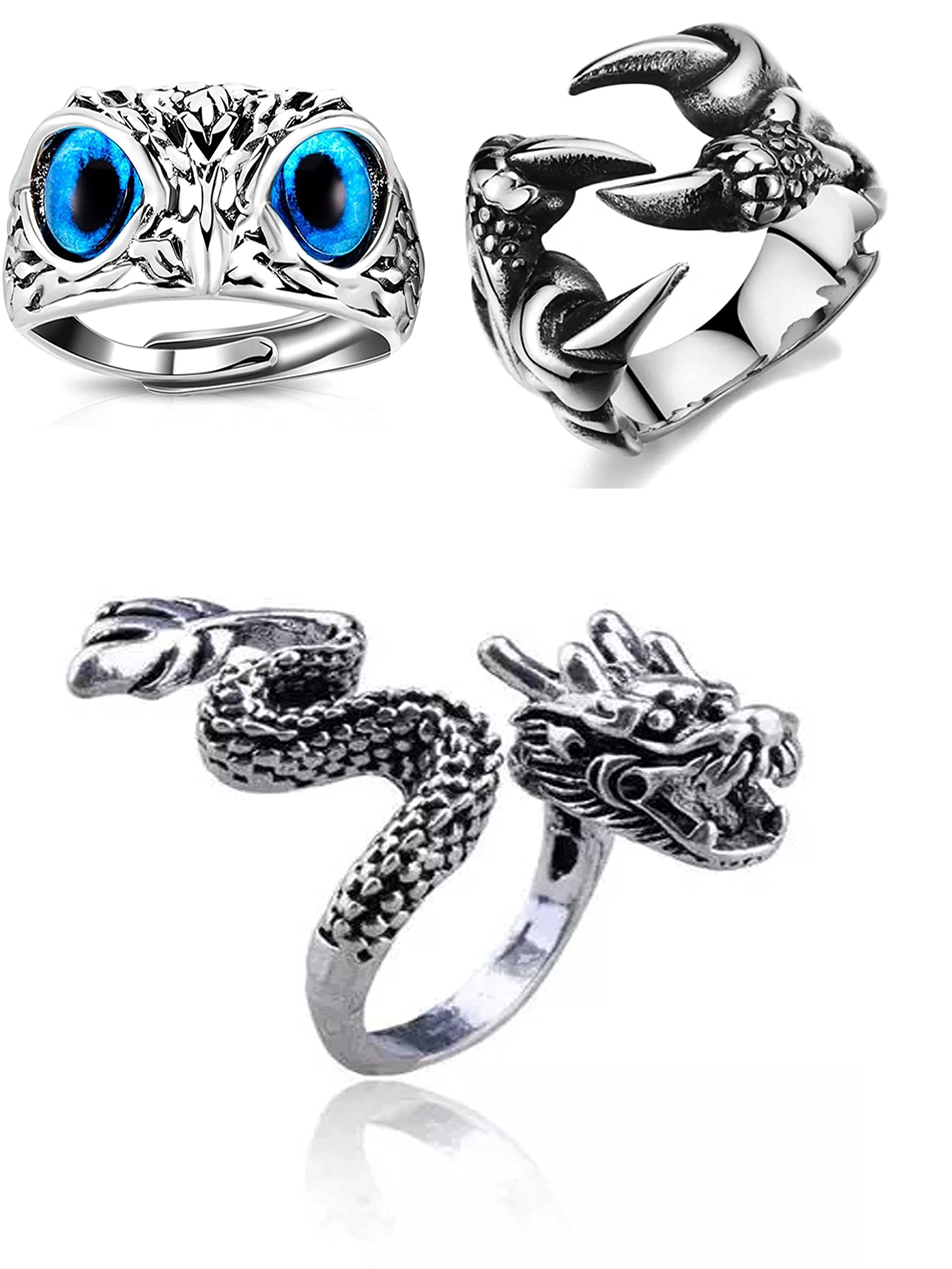 Blue Eyes Owl Ring & Eagle Claw & Dragon Ring Adjustable Ring For Mens (Pack Of 3) - Size 19 (B0C57GW193) Amazon Price History, Amazon Price Tracker