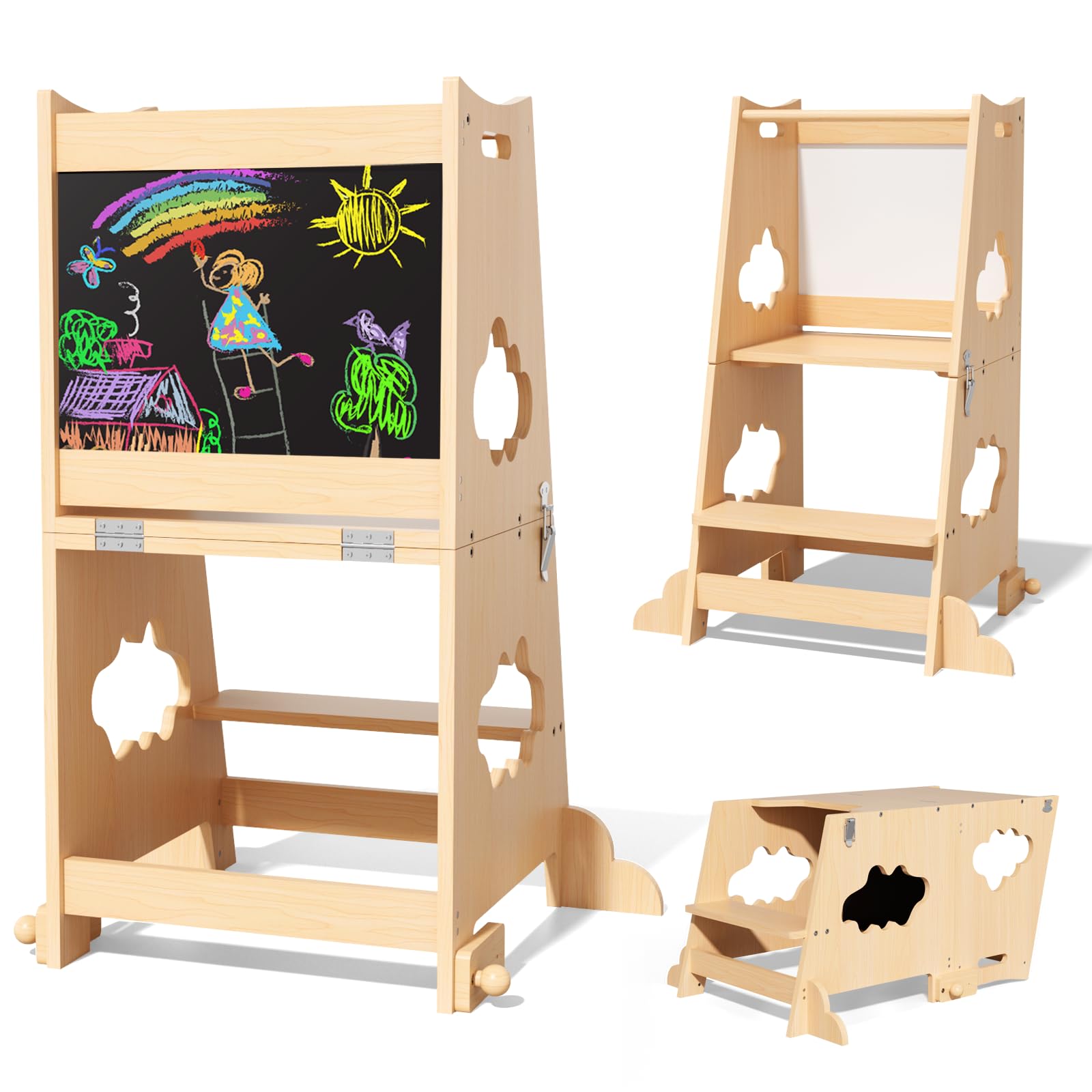 KIDINIX Tour d'Observation Enfant, Tour d'Apprentissage 3 en 1 avec Garde-Corps et Tableau Noir, Tour Montessori Pliable