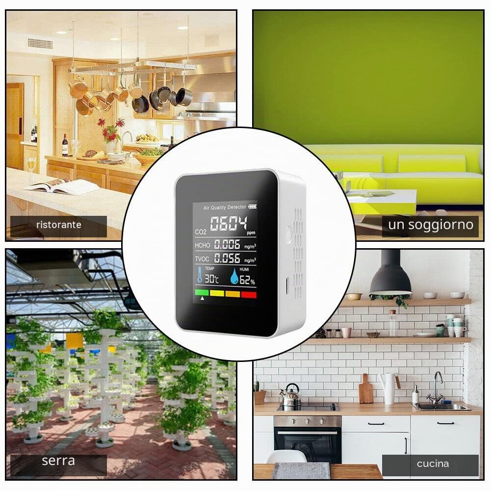 Misuratore di qualità dell'aria Monitor di qualità dell'aria per / HCHO/TVOC/TEMP/HUMI Multifunzionale 5 in 1 Rilevatore di anidride carbonica Dati in tempo reale e Registrazione della media