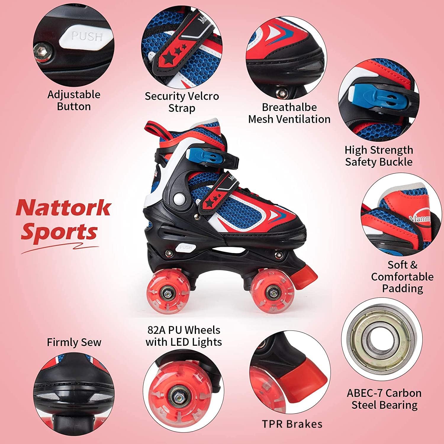 Nattork Kids Roller Skates for Boys Girls Kids, 4 Sizes Adjustable Quad Skates with All Light up Wheels - Best Birthday Gift for Indoor Outdoor Sports : Sports & Outdoors