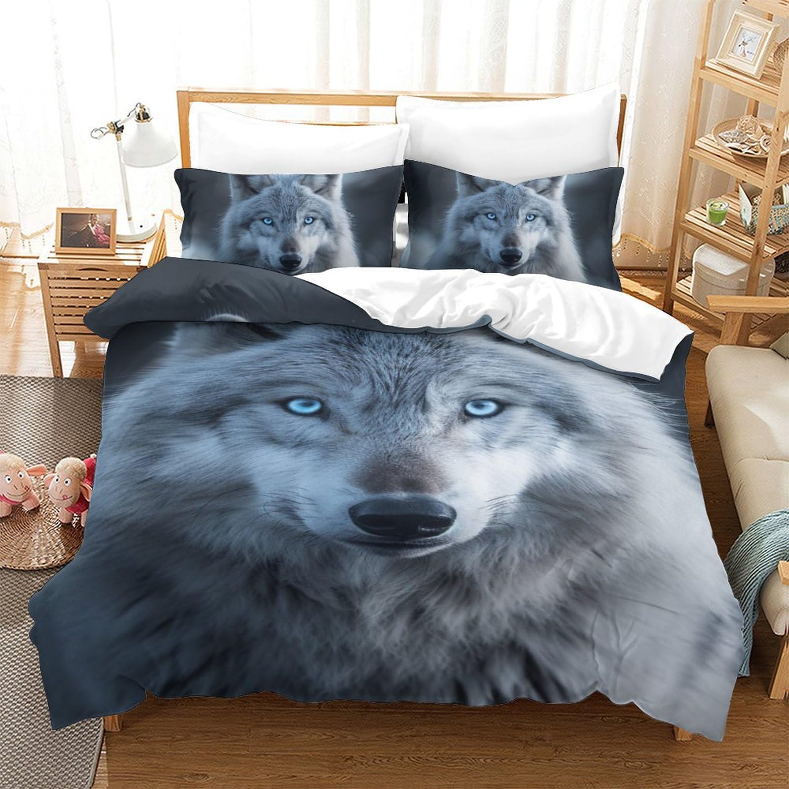 Housse de couette loup 140x200cm avec taie d'oreiller en microfibre
