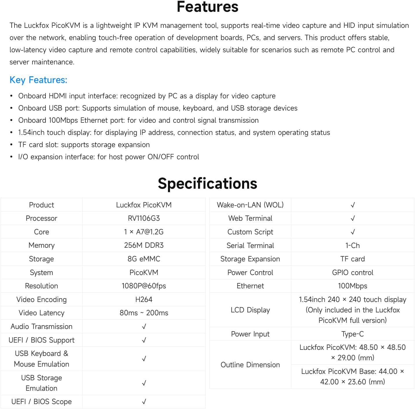 Luckfox PicoKVM Specifications Table