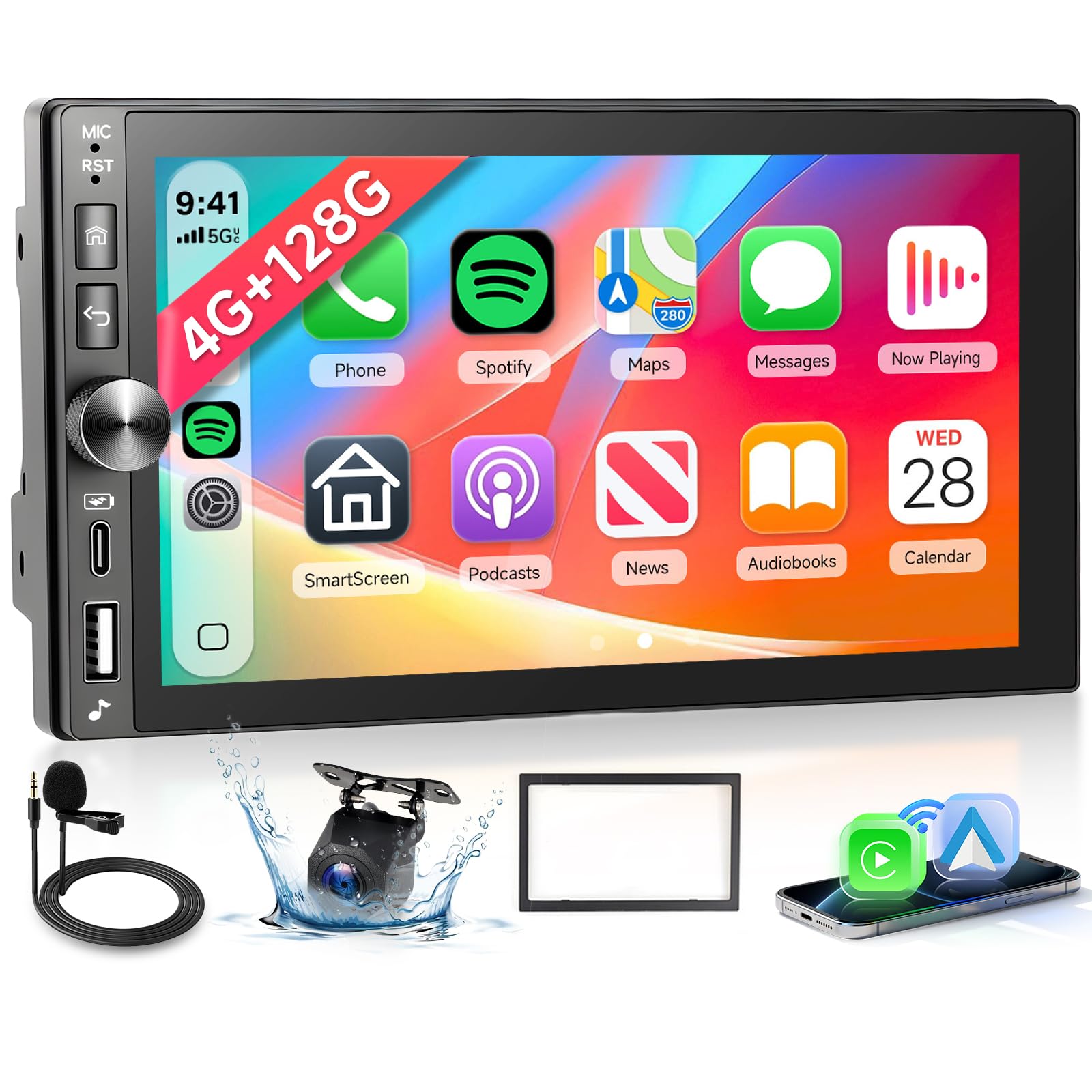 Hodozzy 4 GB + 128 GB Android radio samochodowe 2 DIN z bezprzewodowym Carplay Android Auto, 7 cali Incell ekran dotykowy radio samochodowe z nawigacją WLAN, DSP, Bluetooth, Mirror Link, SWC, FM/RDS