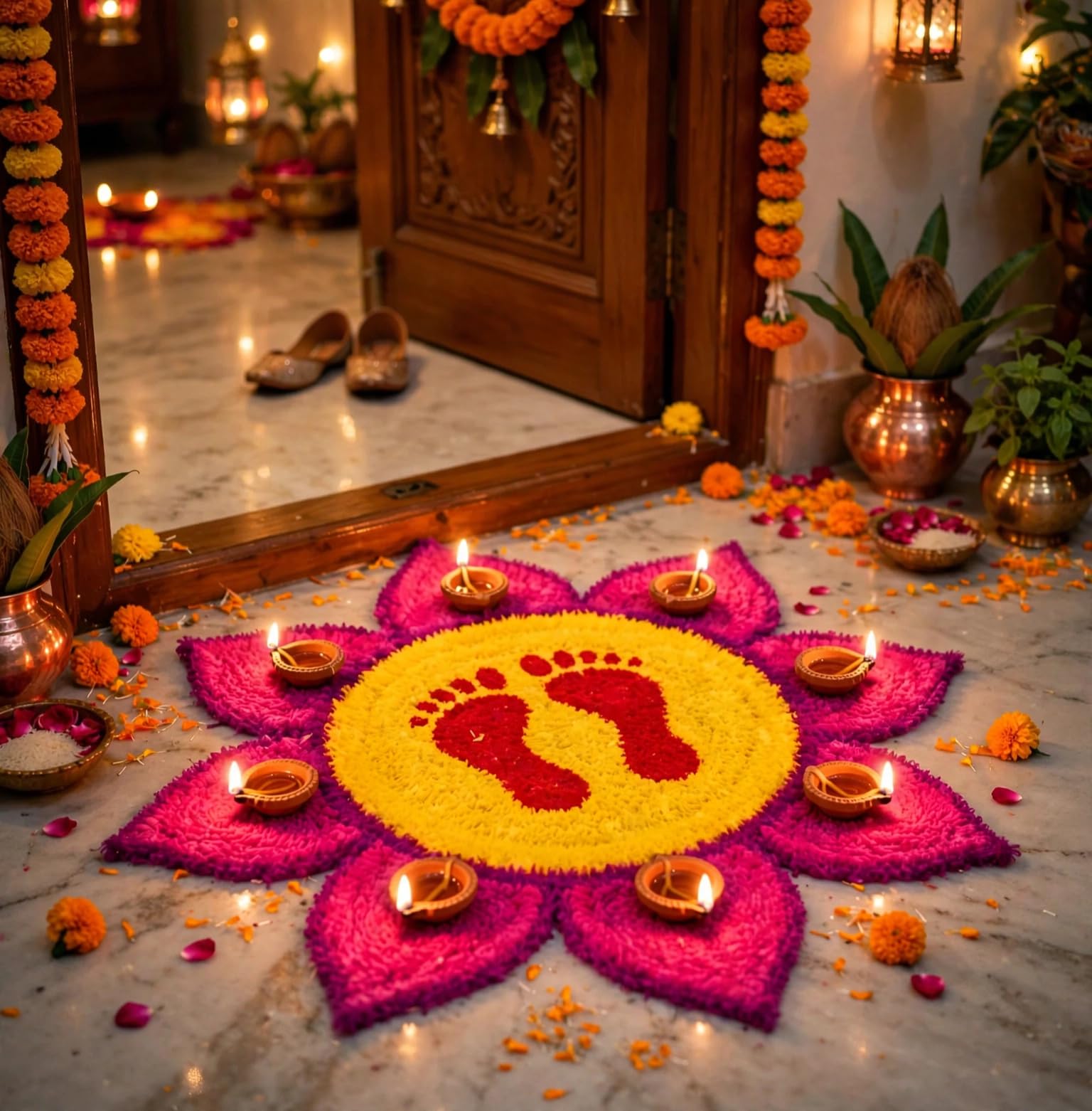Lakshmi Charan Flower Rangoli Mat Faux Fur 24 Inch | Handmade, Reusable & Washable, Diwali Decor, Pooja Room & Entrance, Festival Floor Mat-image-34