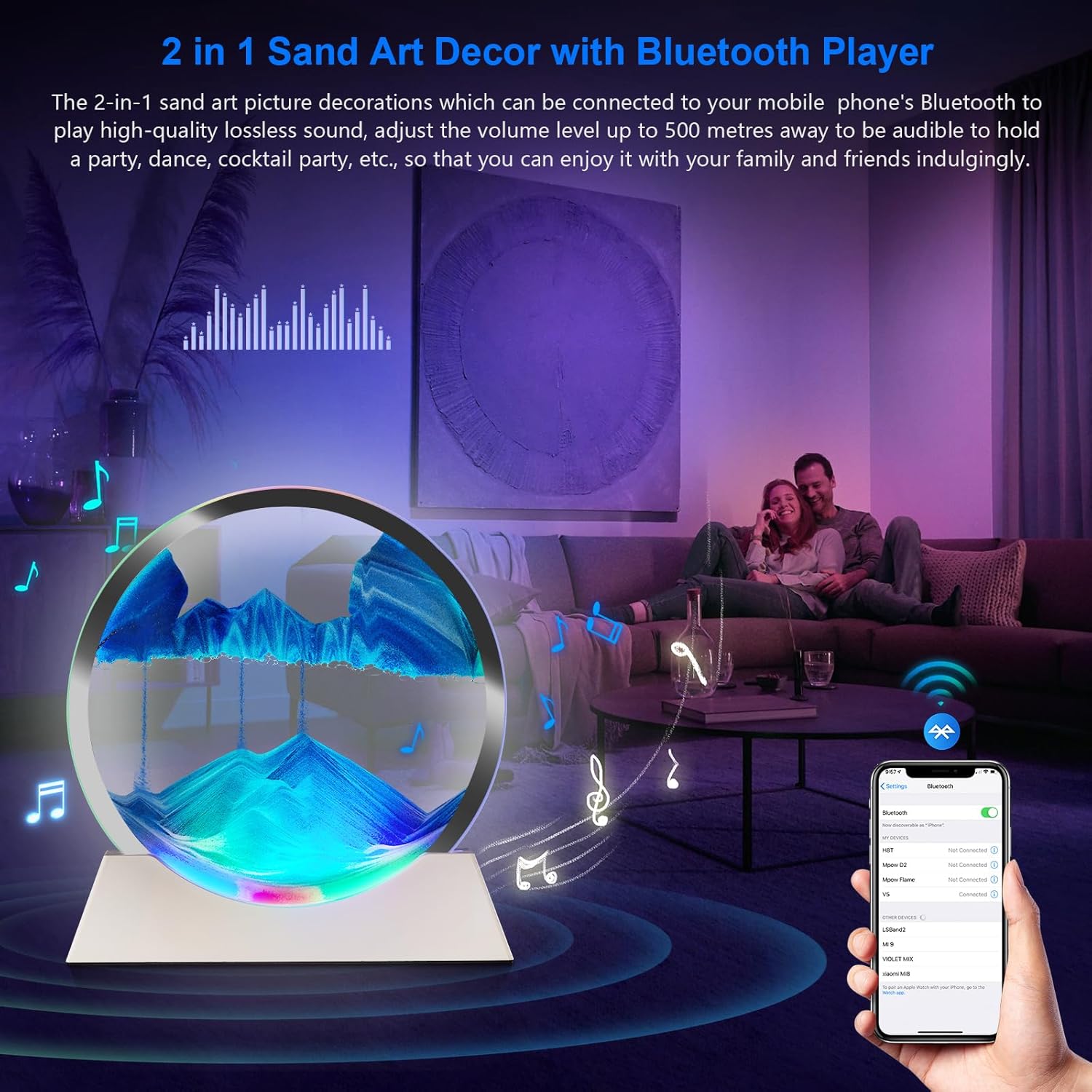 Moving Sand Art Liquid Motion Decor, Bluetooth Speaker Bedside Lamp Dimmable Multi-Color, Moving Sand Art Lamp for Kids Room Living Room Office Dorm-Blue