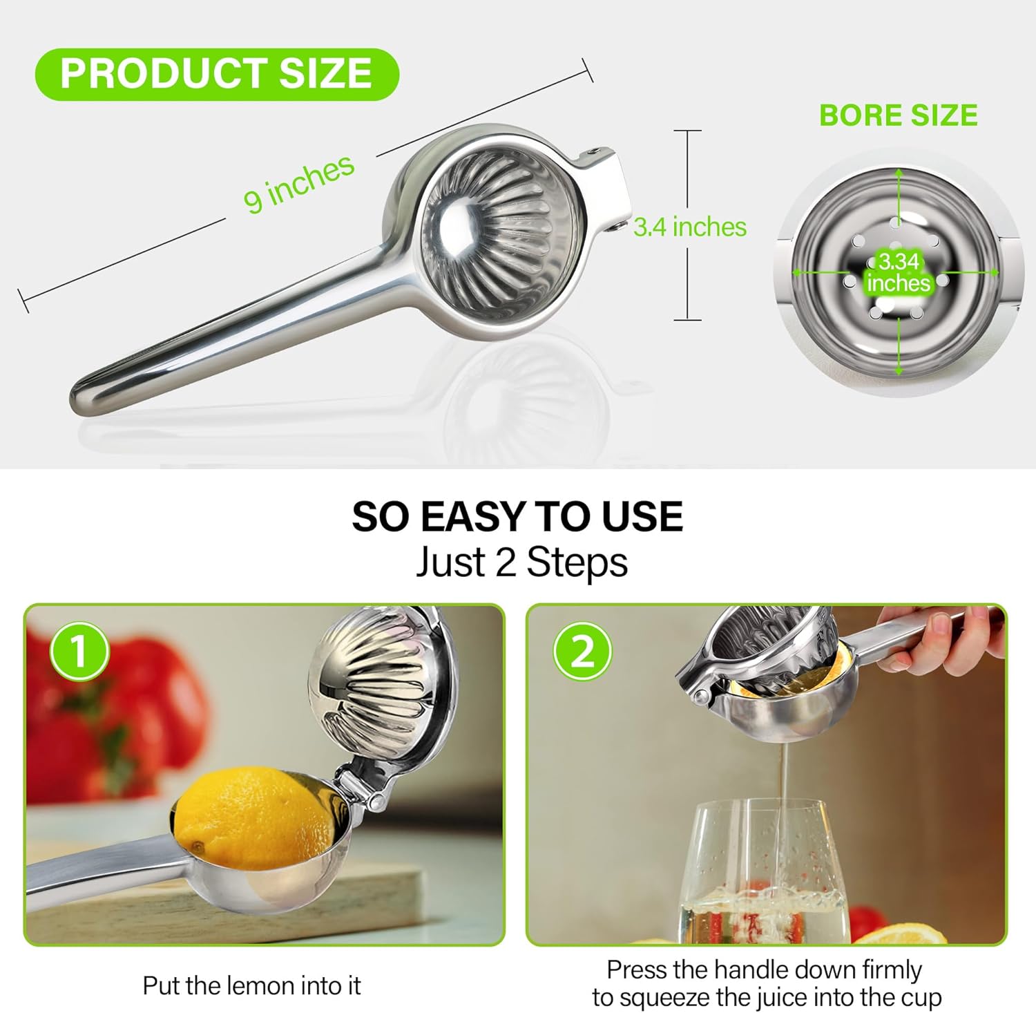 Vakoo Lemon Squeezer - Extra Large, Heavy-Duty, Stainless Steel Manual Citrus Juicer for Lemon & Lime, Maximum Juice Extraction - Silver