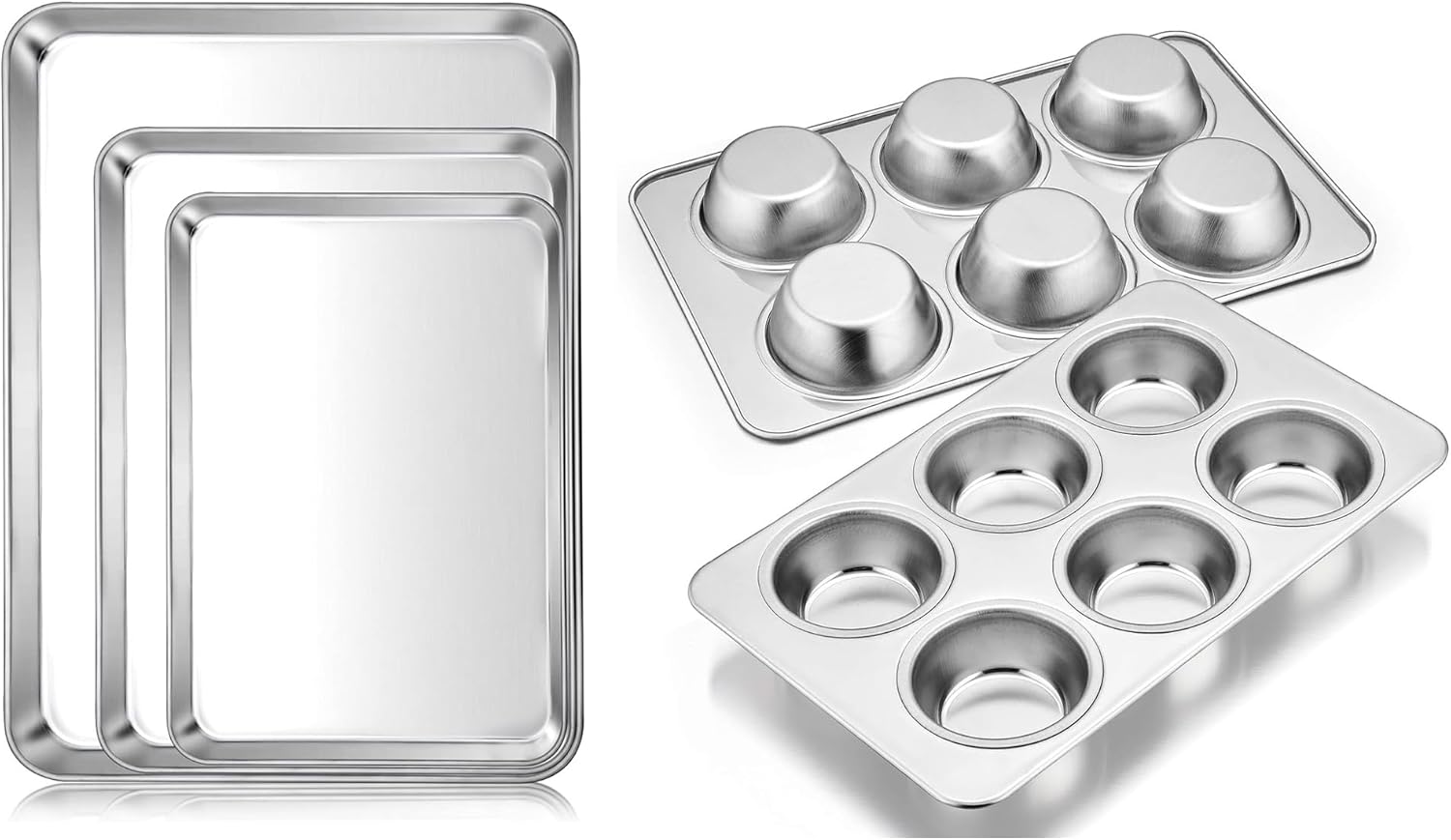 E-far 6-Cup Muffin Pan Set of 2 and Baking Cookie Sheet Pan Set of 3 Bundle, Stainless Steel Cupcake Tin, 16/12.4/10.4 Inch Stainless Steel Rectangle Baking Pans Set for Oven Roasting, Dishwasher Safe
