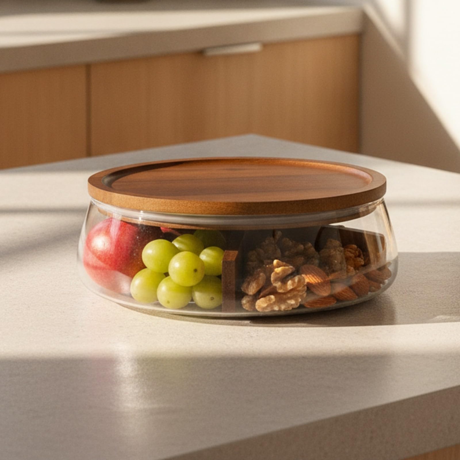 Bowl Vidrio con Tapa Madera | Funcional, Vidrio Redondo con Tapa Madera, para Entretenimiento en Casa, Con Divisor