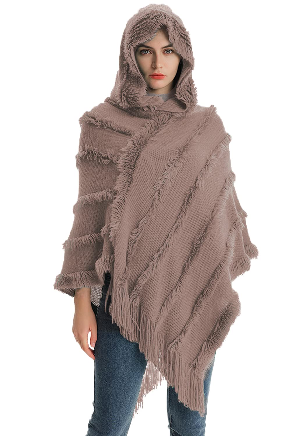 Elegante Maglione Poncho Donna Invernale Poncho con Cappuccio Mantella Scialle Uncinetto con Strisce di Peluche e Franges Scialle della Moda Monocromo Irregular Moda Giovane Top