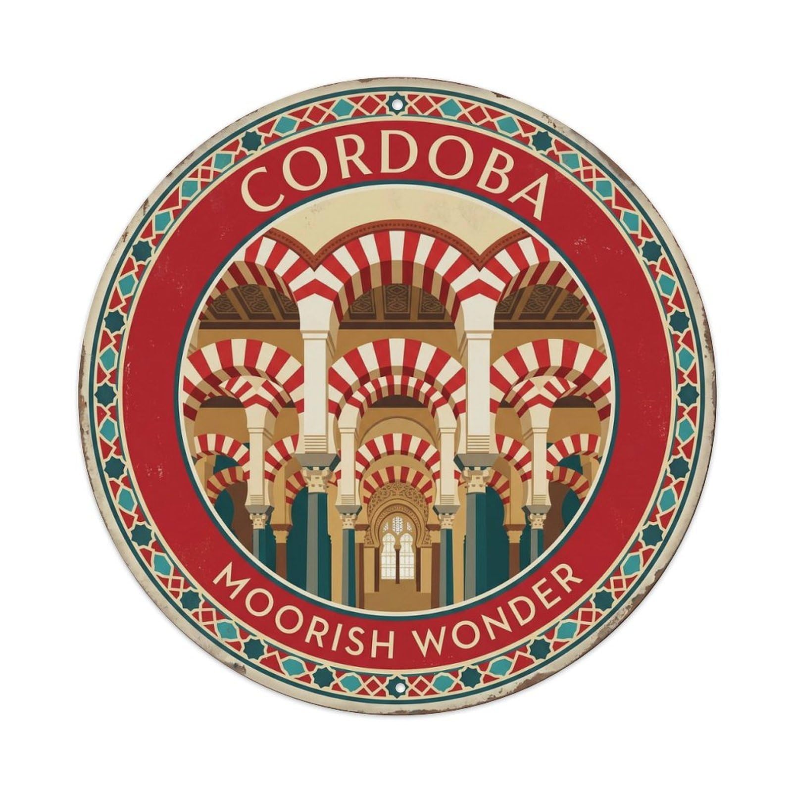 Cmhok Vintage Style Vintage Travel Mezquita Cordoba Mosque Metal Tin Sign Plaque Wall Decor For Cafe, Club, Garden Round Metal Poster 8X8inch