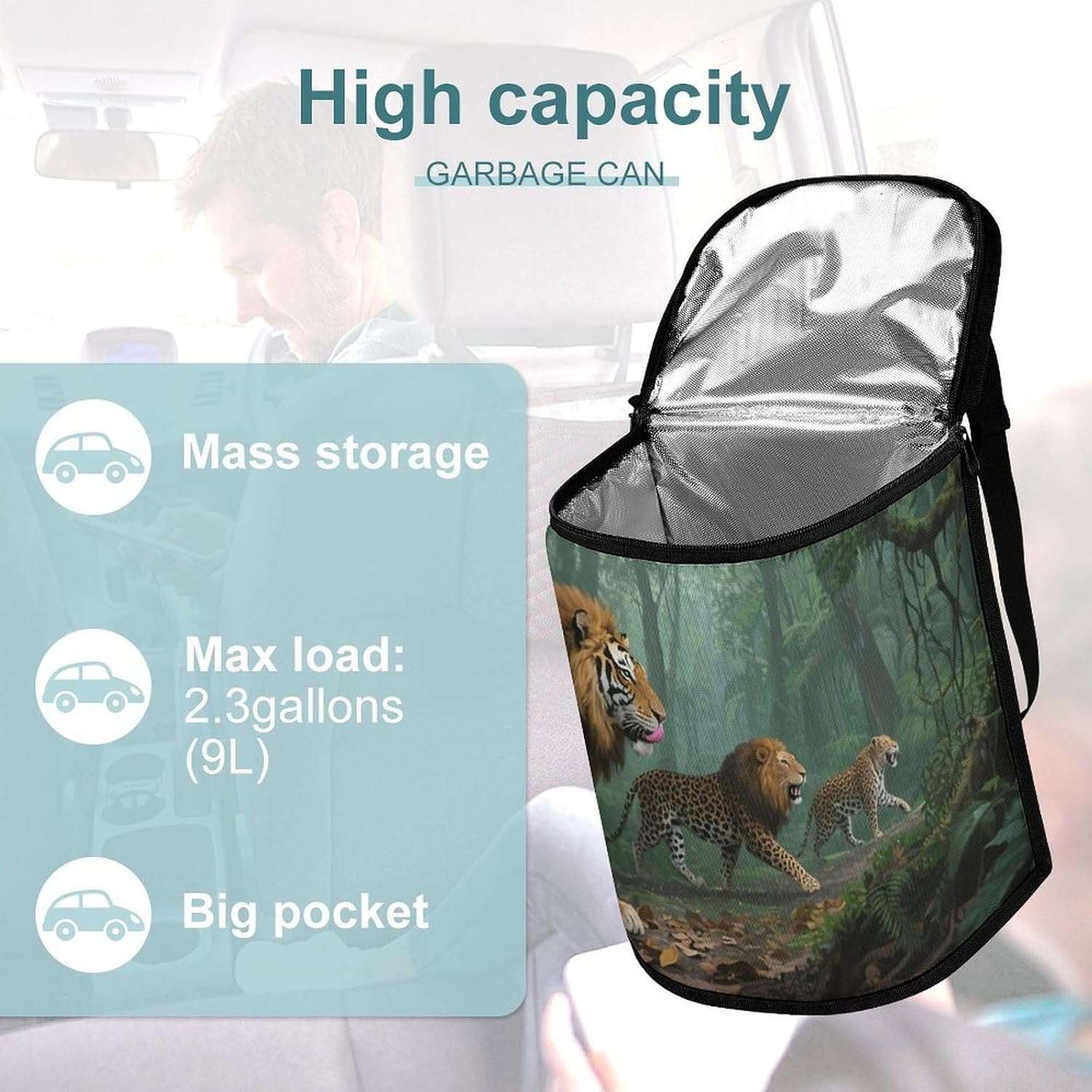 MUSM Leakproof Car Trash Can 2.5 Gallon, Durable Automotive Garbage Bag with Waterproof Liner, Big Cats Trash Bag for Car, Truck, RV & Bathroom