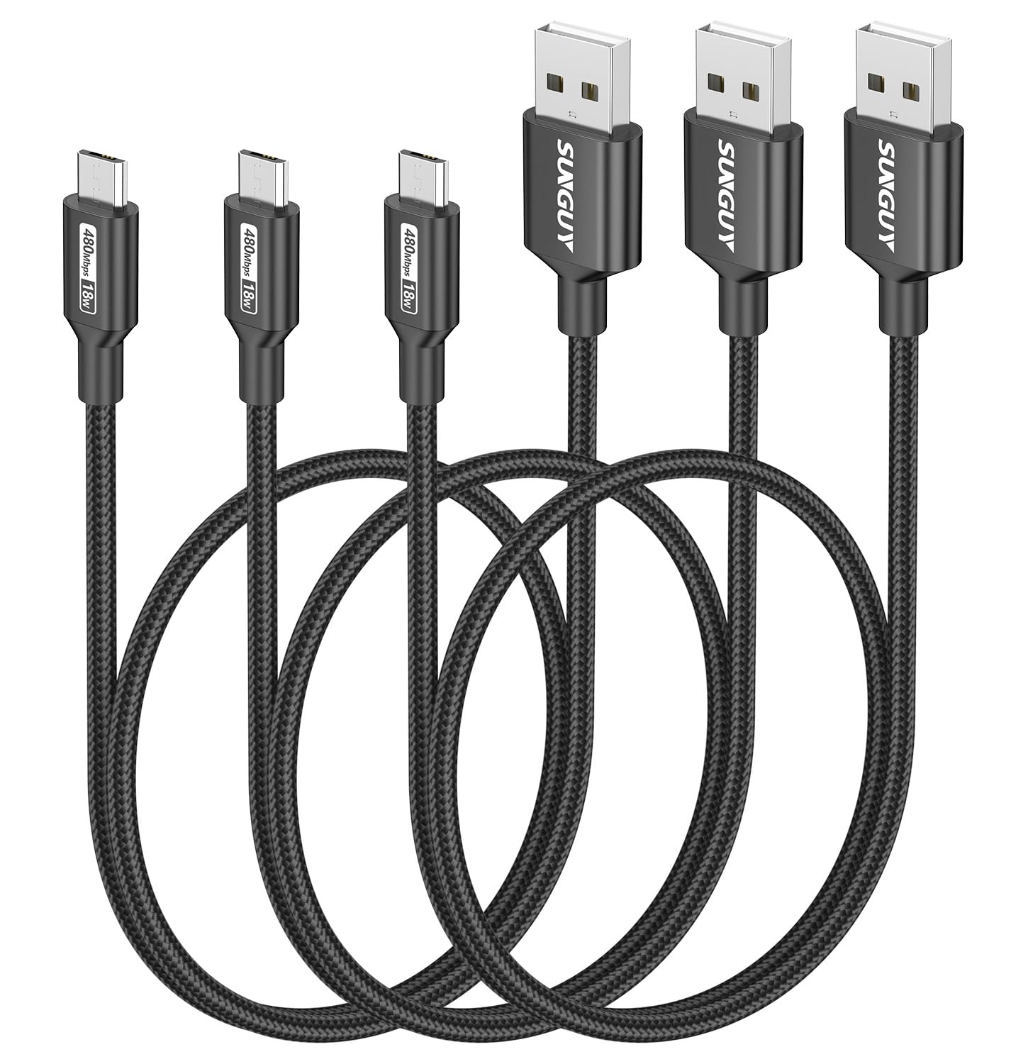 SUNGUY Cavo micro USB da 0,5 m, 3 pezzi corto intrecciato USB 2.0 Micro Android, ricarica rapida e sincronizzazione dati, compatibile con Galaxy S6 S7 Edge Note 5, Tab 4, PS4, Kindle e altri (Nero)