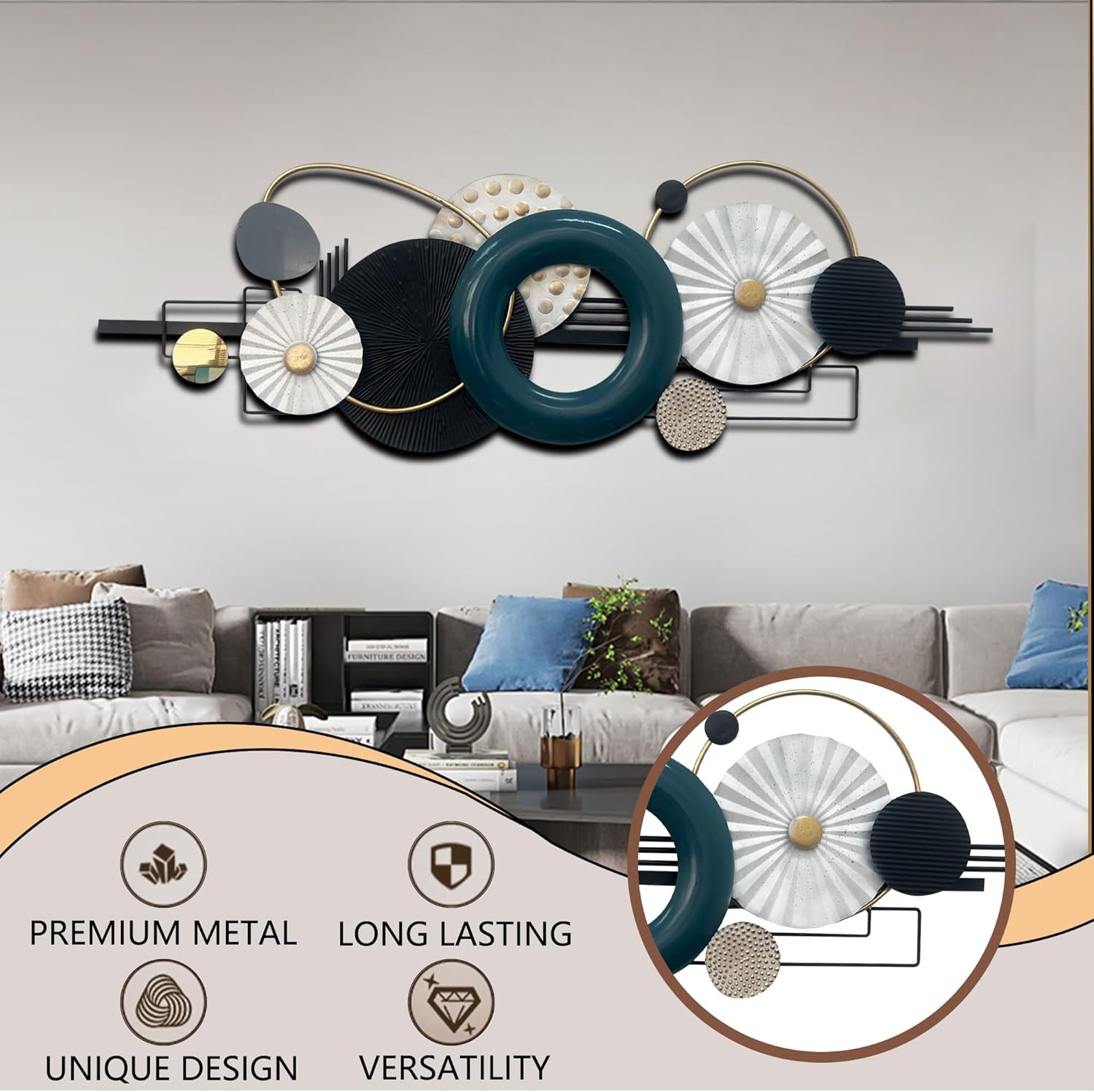 Metlzks Modern Abstract Metal Wall Art, Large 59x 21 Inches Wall Sculptures, Geometric Circles Design Wall Decor, Blue Black White, Wall Decors for Living Room Bathroom Bedroom Dining Room