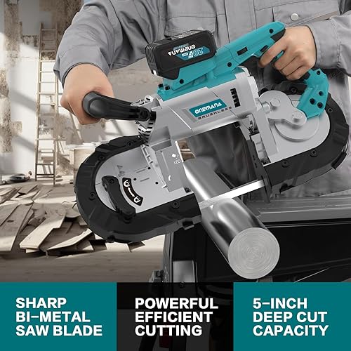 Miniatura 4 de ONEMANA Sierra de cinta inalámbrica de 5 pulgadas, sierra de banda de metal sin escobillas de capacidad de corte de 20 V, no chispas calientes,