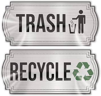Recycle and Trash Stickers for Kitchen Trash Cans and Recycling Bins, Indoor Trash and Recycle Sticker Combo for Garbage Can Logo Symbol, 2 Silver Decals, 6.5" x 3" Elegant Style with Split-back