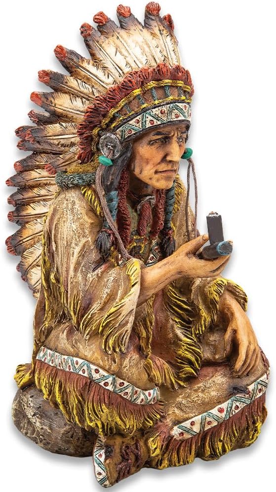 Native American Chief with Peace Pipe Sculpture - Crafted of Polyresin, Hand-Painted, Exceptional Detail, Home Décor - for Cabin and Lodge Decoration - Dimensions 7 3/4" x 3 3/4" x 5 1/4"