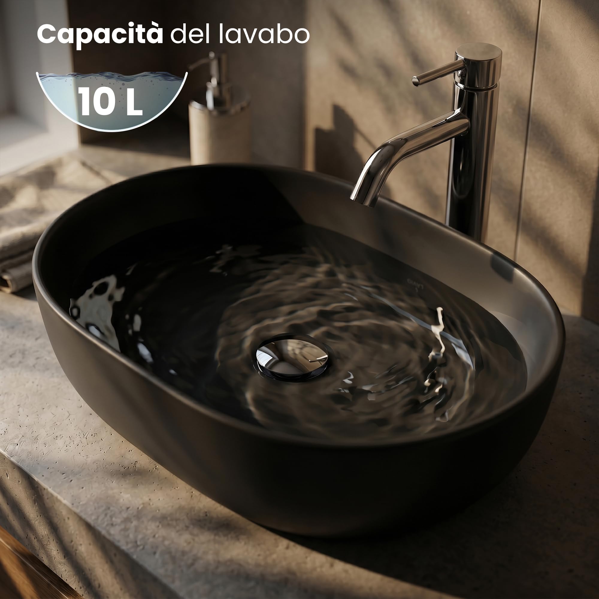 AKORD Lavabo da Appoggio Ovale in Ceramica ELIPSE - Lavandino Bagno Moderno 49 x 34,5 x 13,5 cm, Nero Opaco